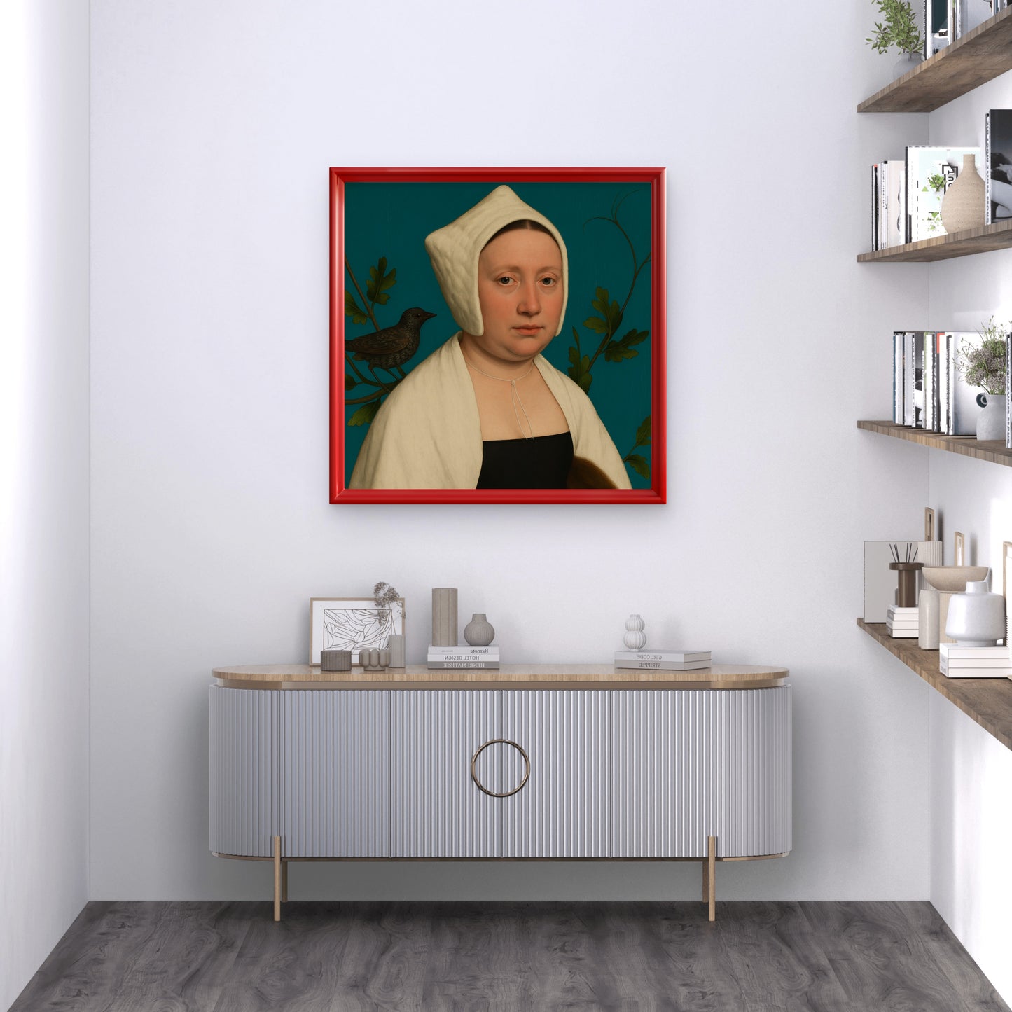 Portrait of a lady with a starling, in the style of Hans Holbein 2025