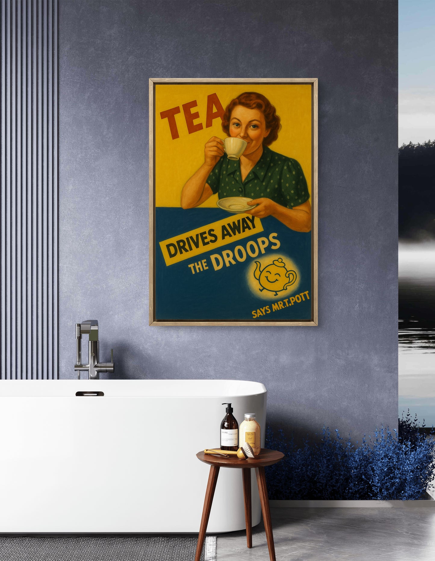 Tea drives away the droops, in the pre-war advertising style.