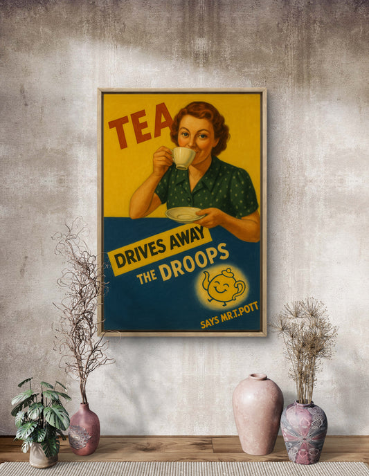 Tea drives away the droops, in the pre-war advertising style.
