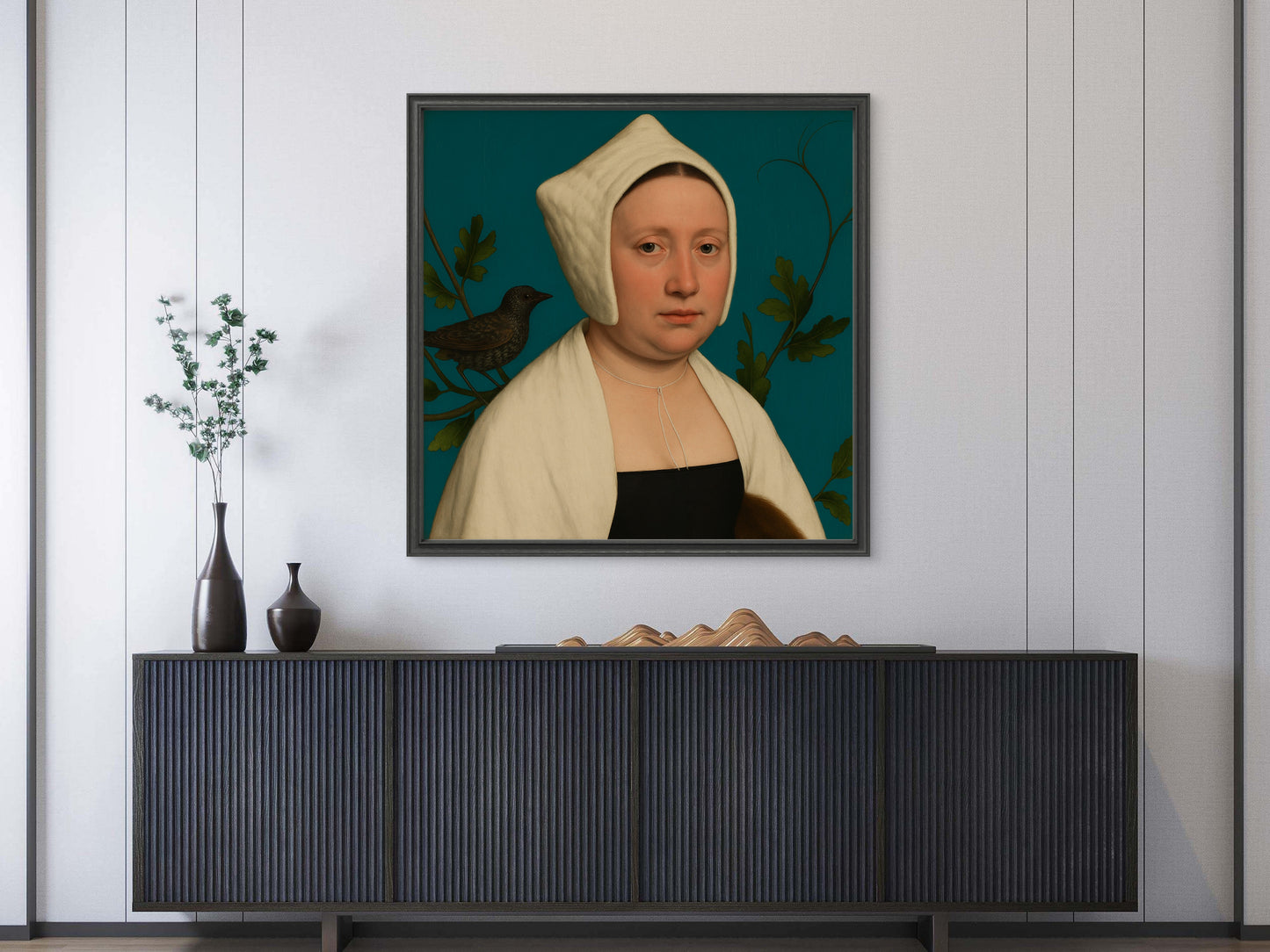 Portrait of a lady with a starling, in the style of Hans Holbein 2025