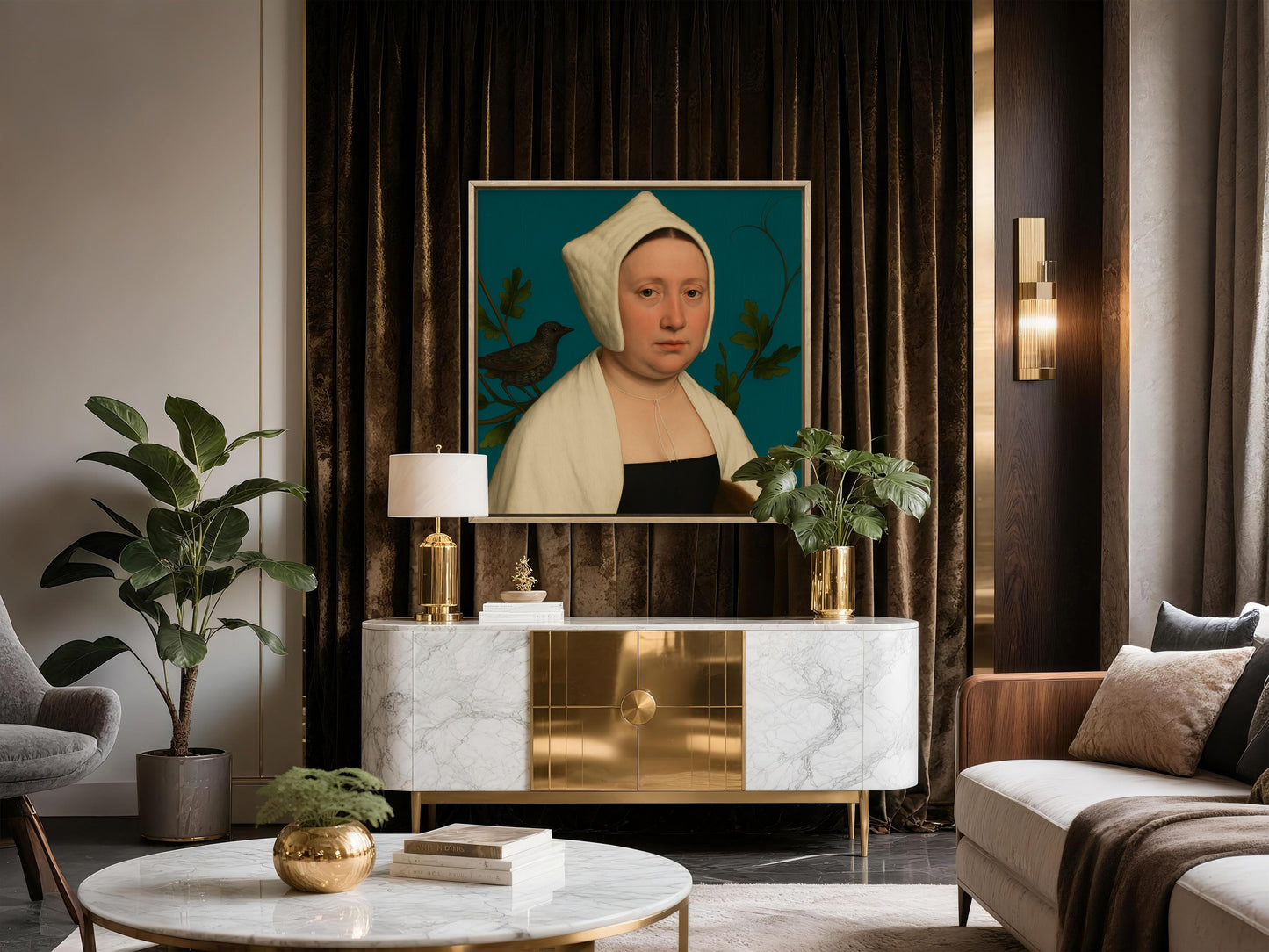 Portrait of a lady with a starling, in the style of Hans Holbein 2025