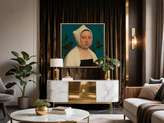 Portrait of a lady with a starling, in the style of Hans Holbein 2025