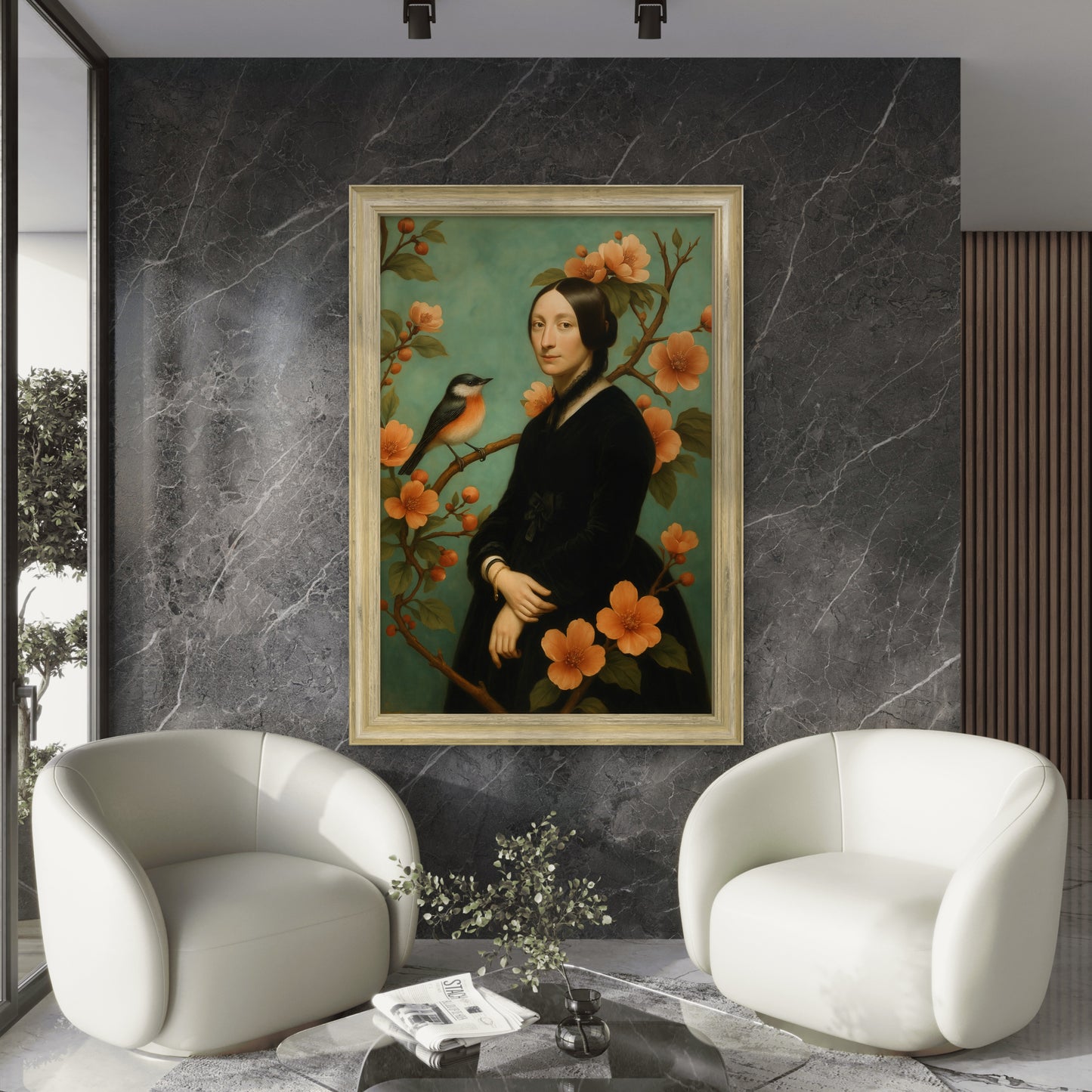 "Lady with Bird and Blossom," a chinoiserie reverie.