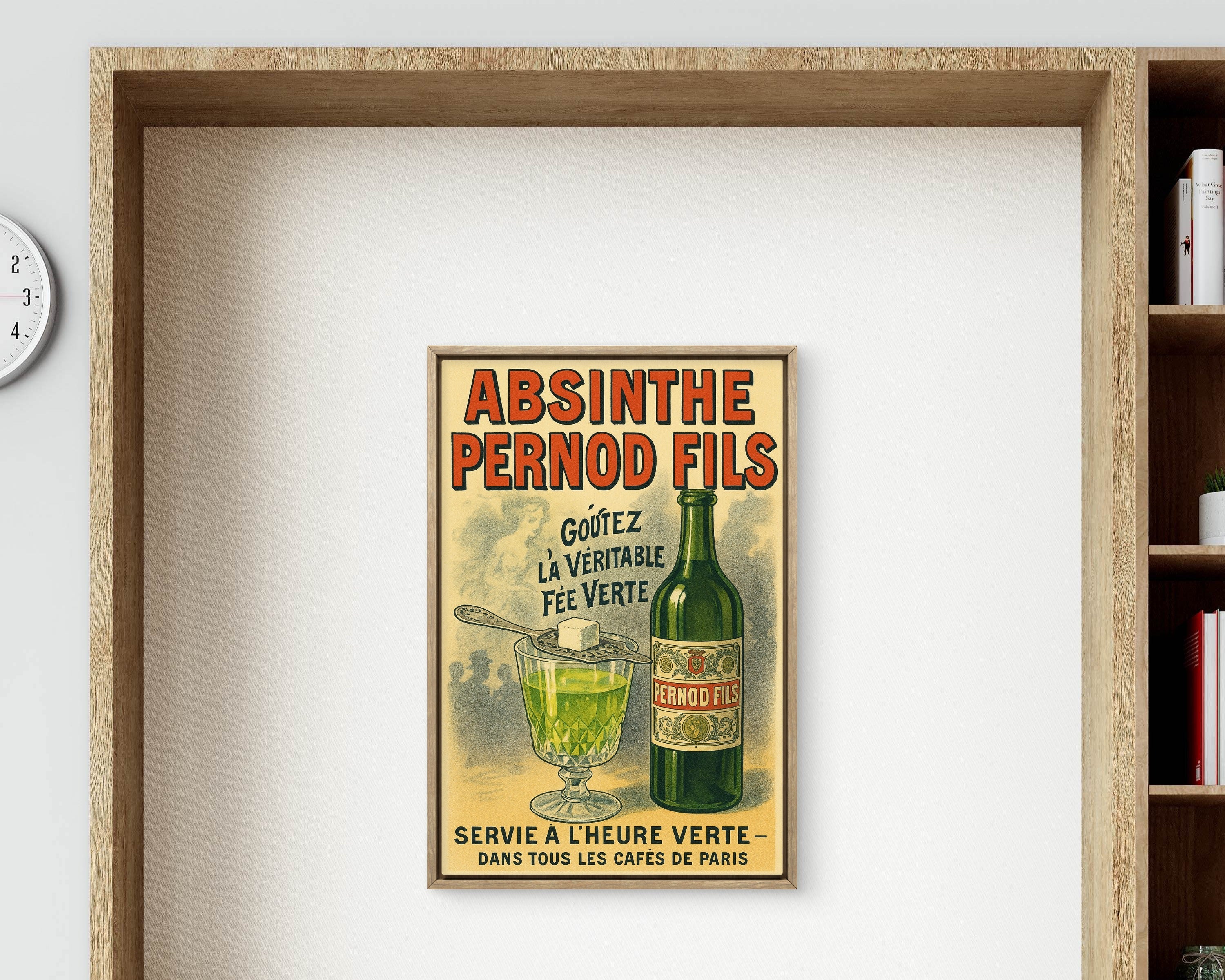 Absinthe Pernod Fils advertisement poster in a modern dining room setting.