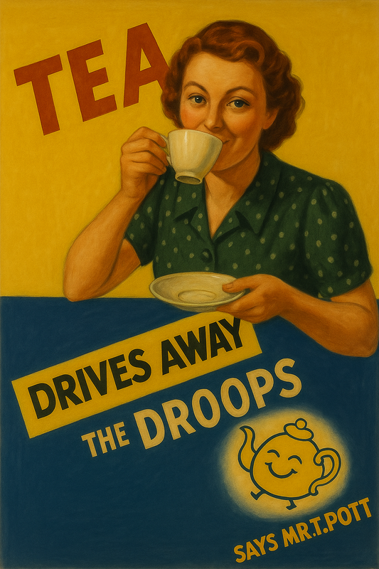 Tea drives away the droops, in the pre-war advertising style.