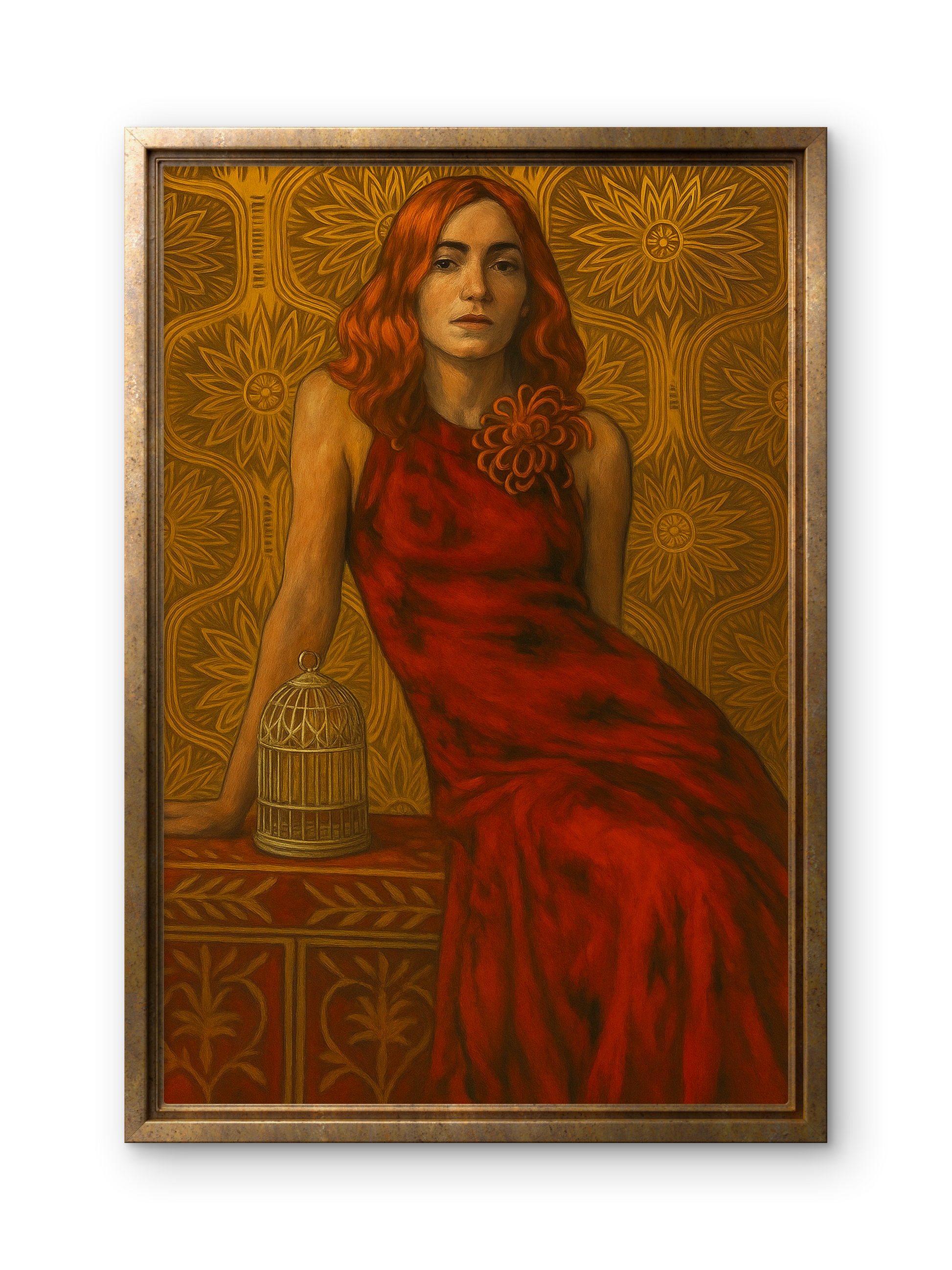 Framed artwork of a woman in a red dress with a decorative background