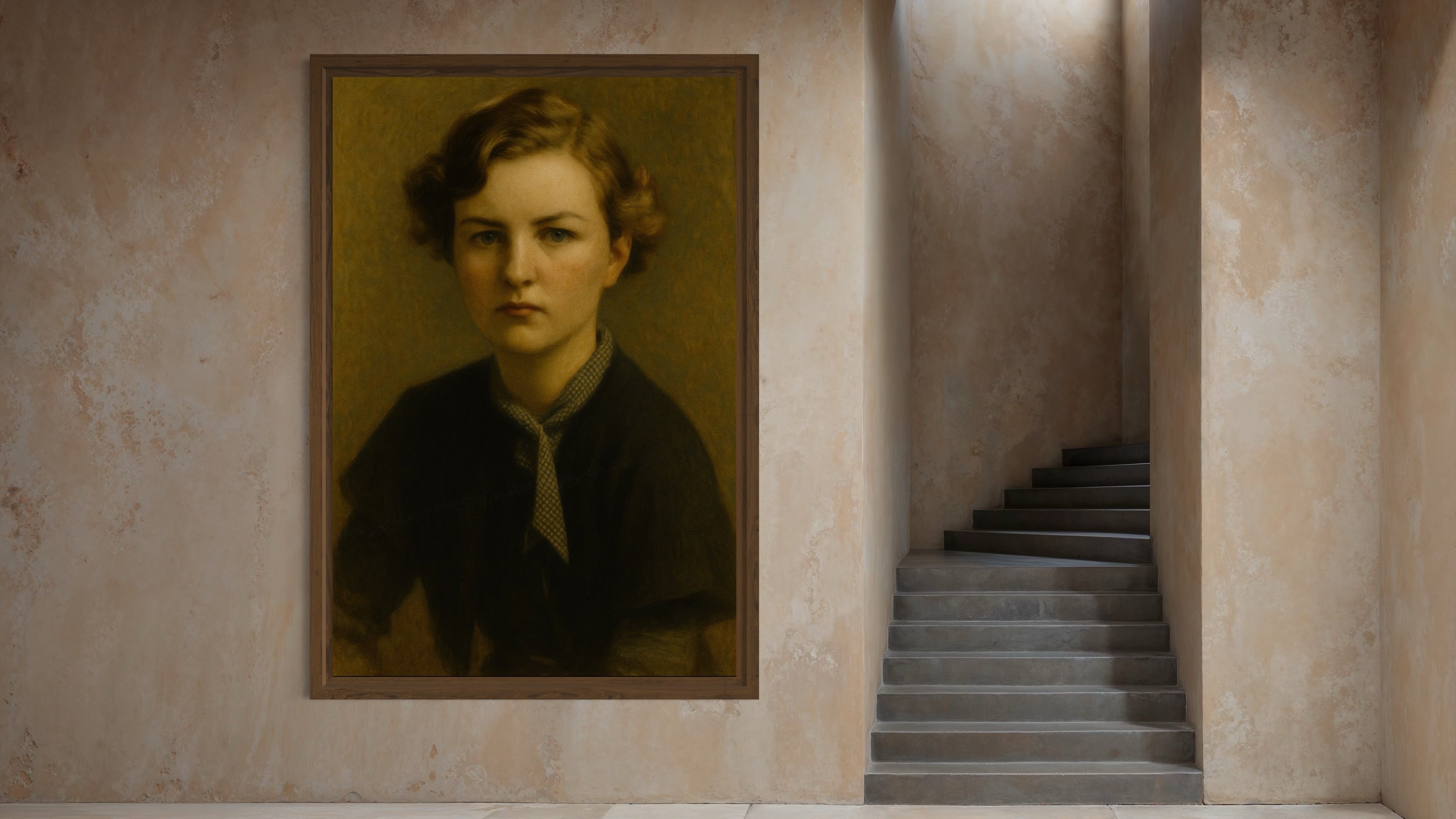 Portrait of a young man on a wall in a room with a staircase