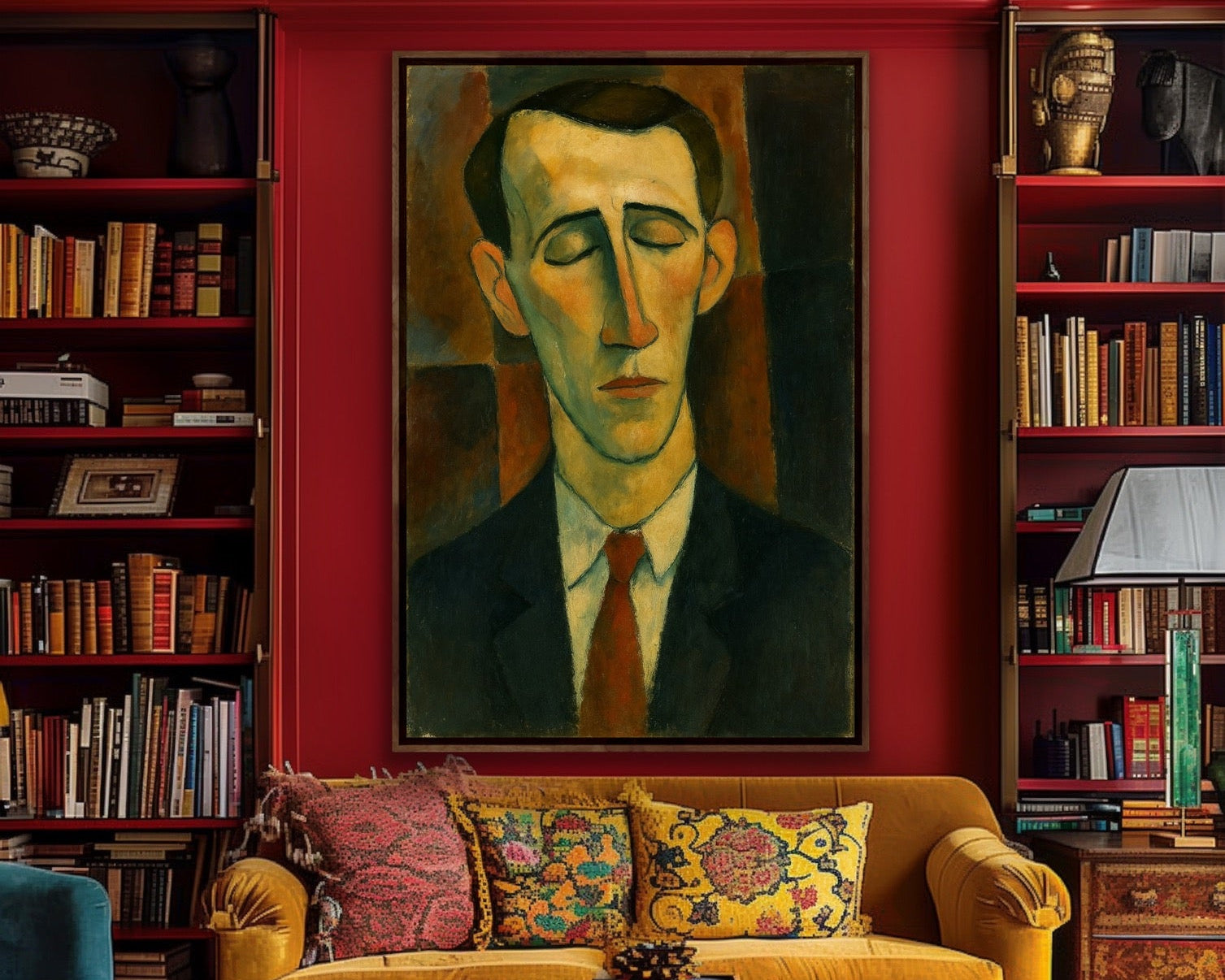 Living room with a yellow sofa, colorful pillows, and a large painting on a red wall.