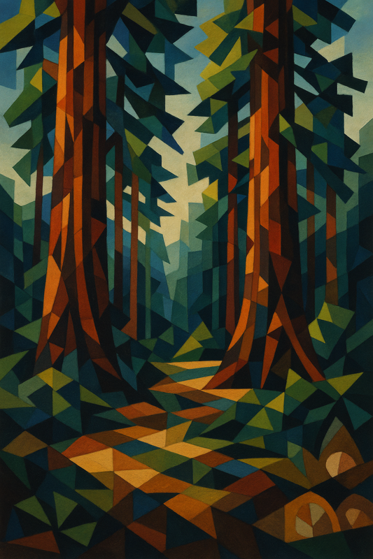 The Majestic Redwoods of British Columbia," in the Modernist style.