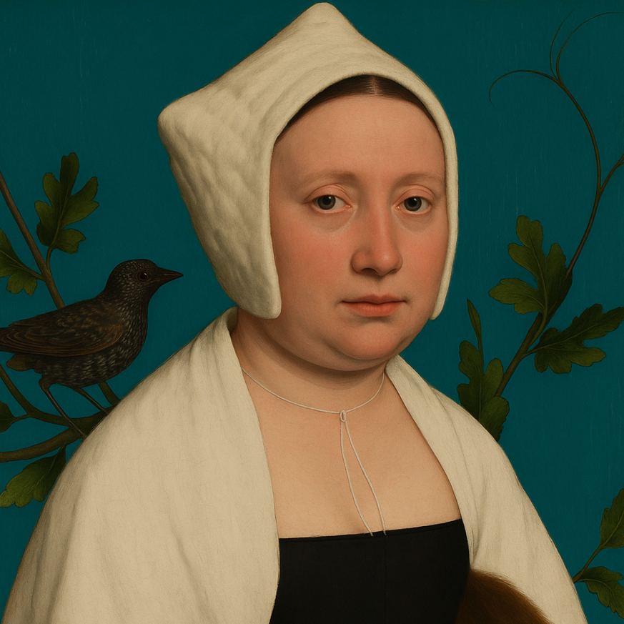 Portrait of a lady with a starling, in the style of Hans Holbein 2025