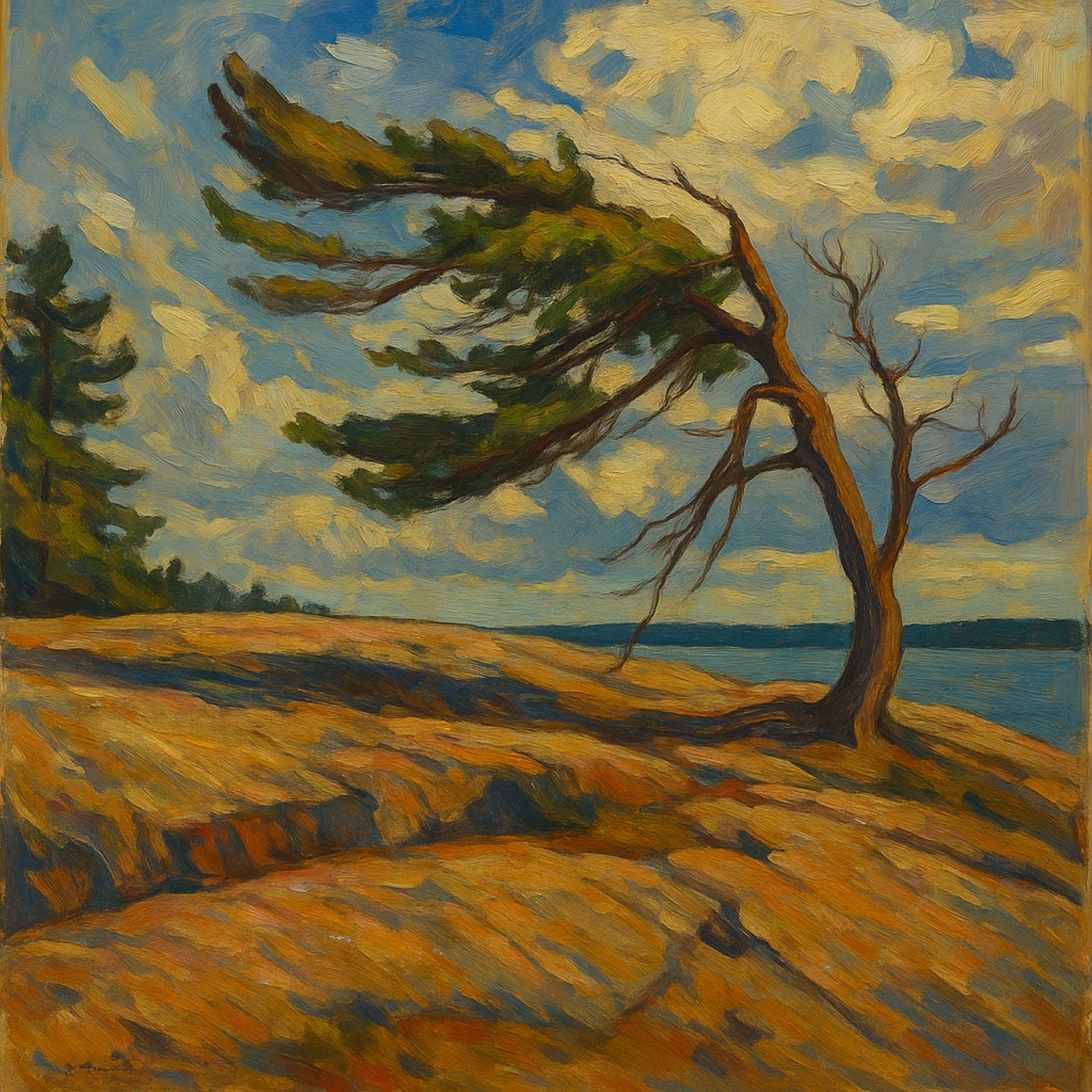 Painting of a tree on a hillside with a body of water and sky in the background