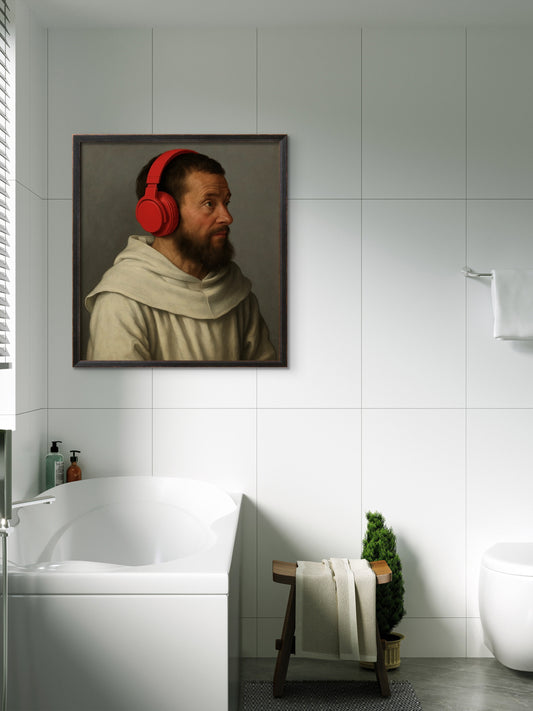 Monk listening to chant with noise cancelling on, after Gothic school.