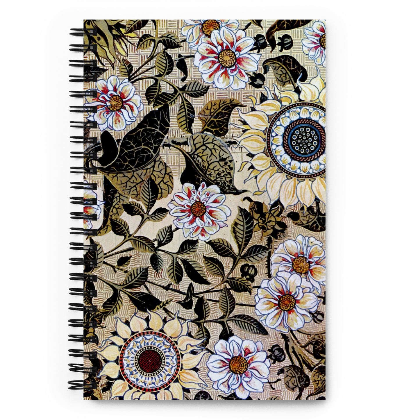 Spiral notebook featuring "Sunflower" Aesthetic Movement design, by Bruce James Talbert, 1878.