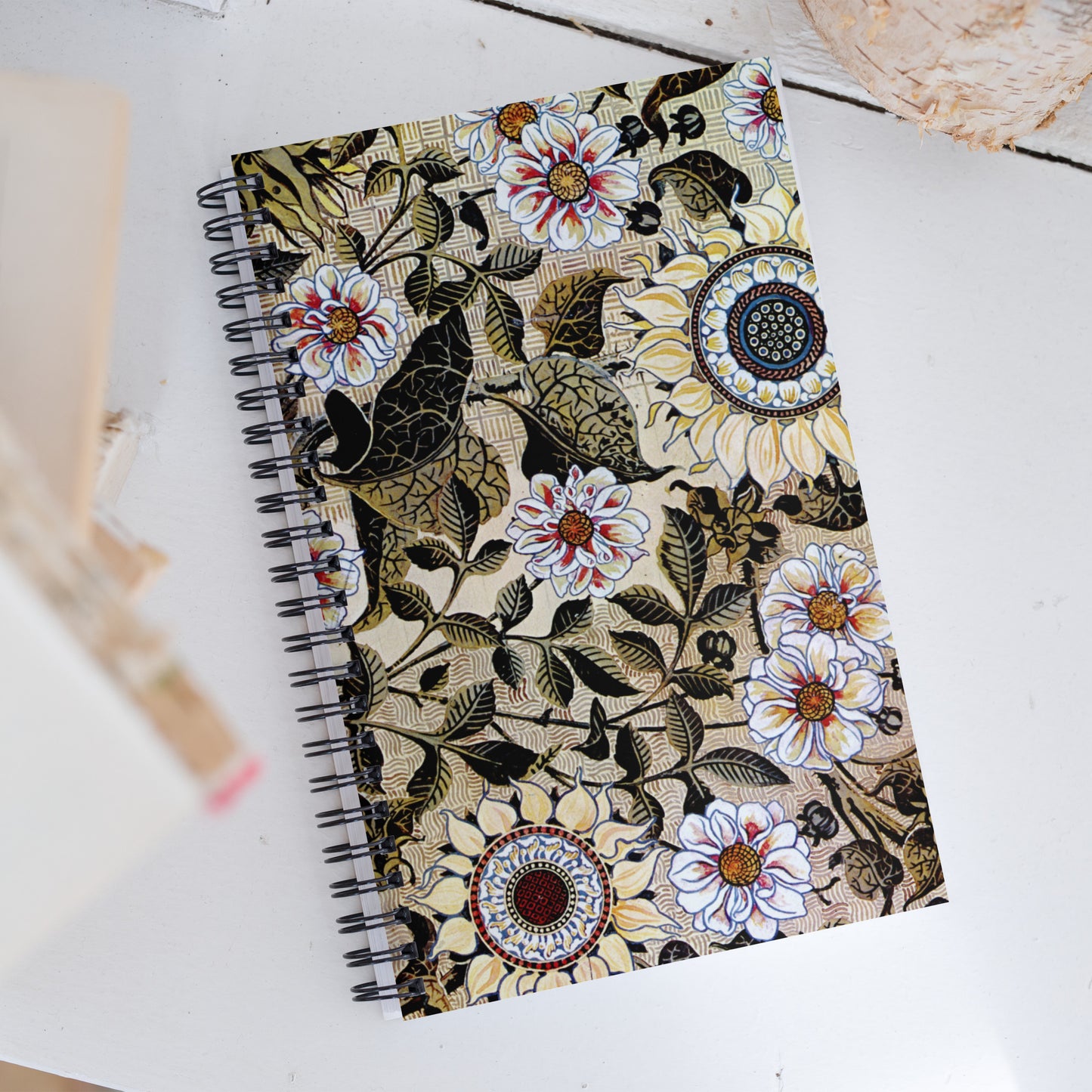 Spiral notebook featuring "Sunflower" Aesthetic Movement design, by Bruce James Talbert, 1878.