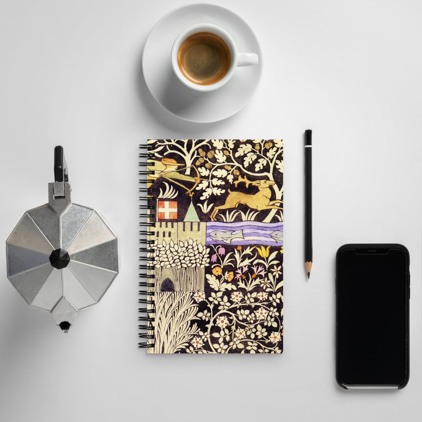 Spiral notebook featuring The Huntsman design by C.F.A. Voysey, 1919.