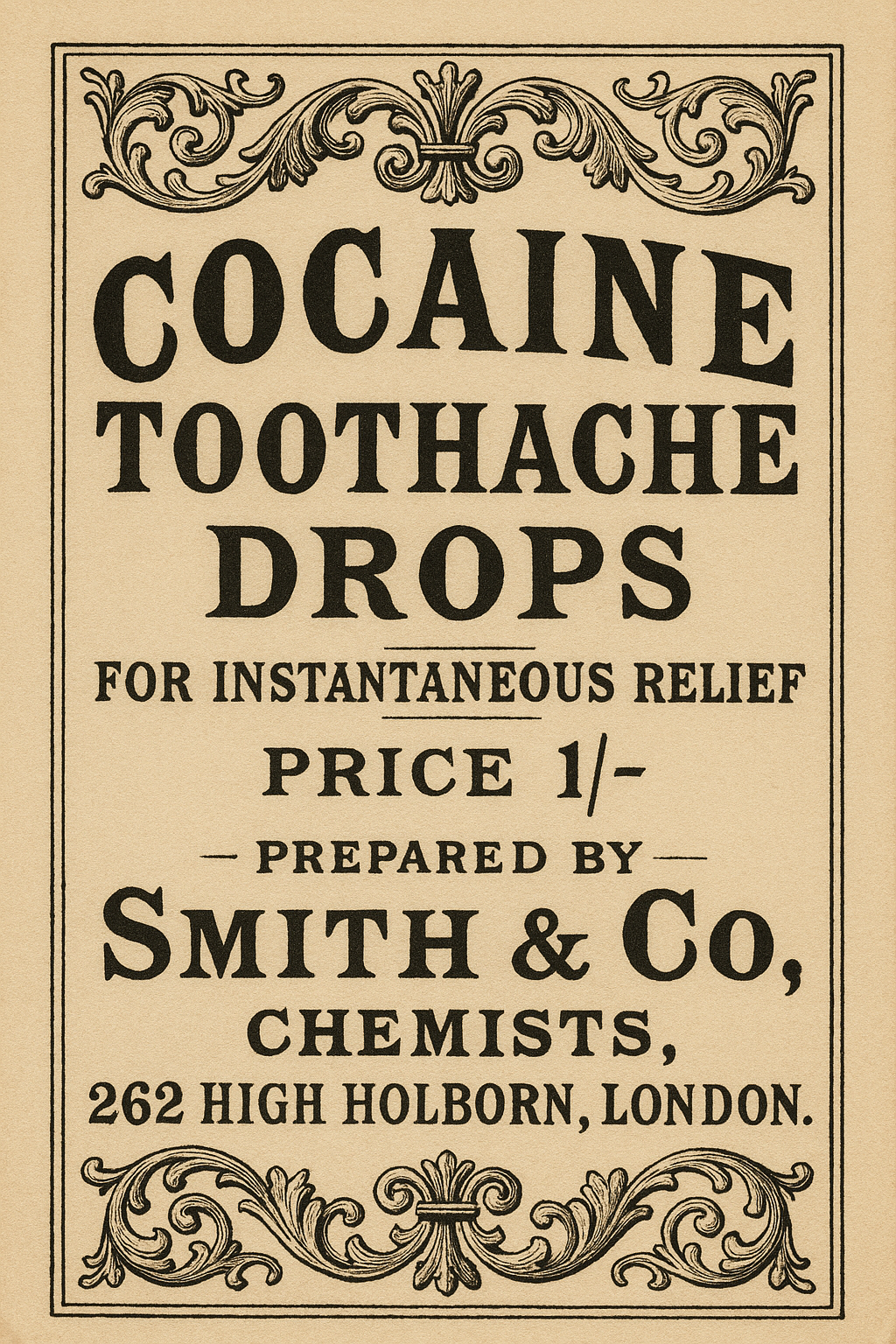 Cocaine Toothache Drops — Smith & Co Chemists, High Holborn c.1885