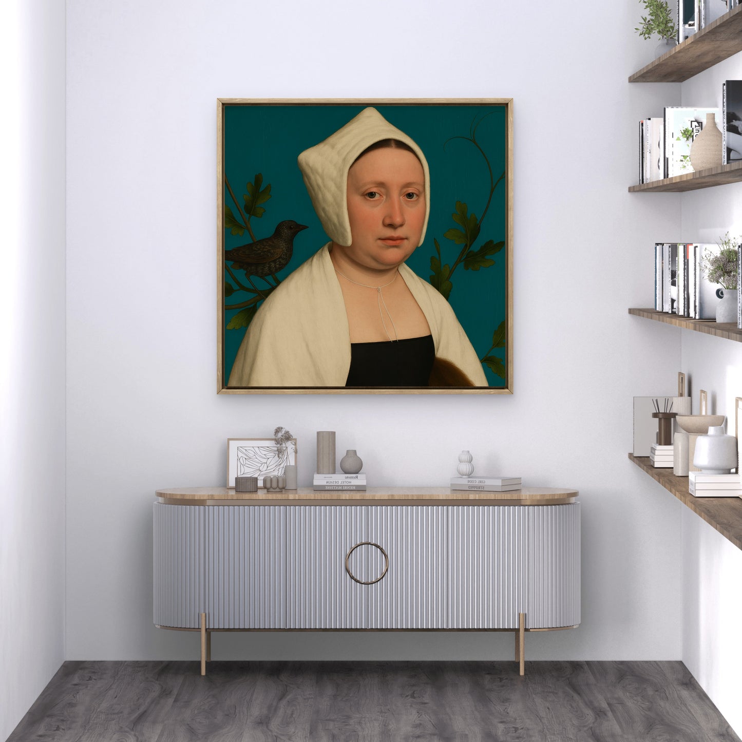 Portrait of a lady with a starling, in the style of Hans Holbein 2025