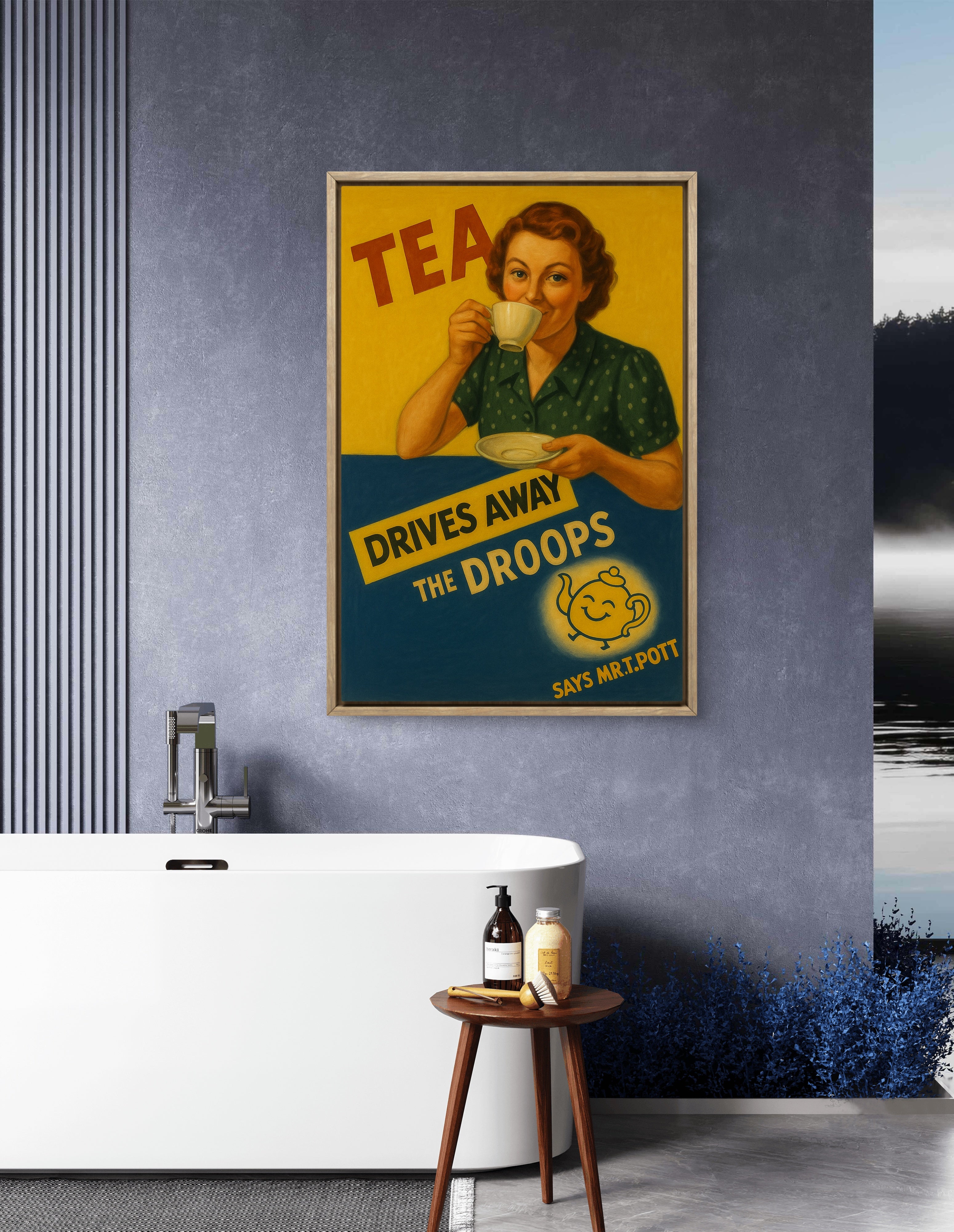 Tea drives away the droops, in the pre-war advertising style.