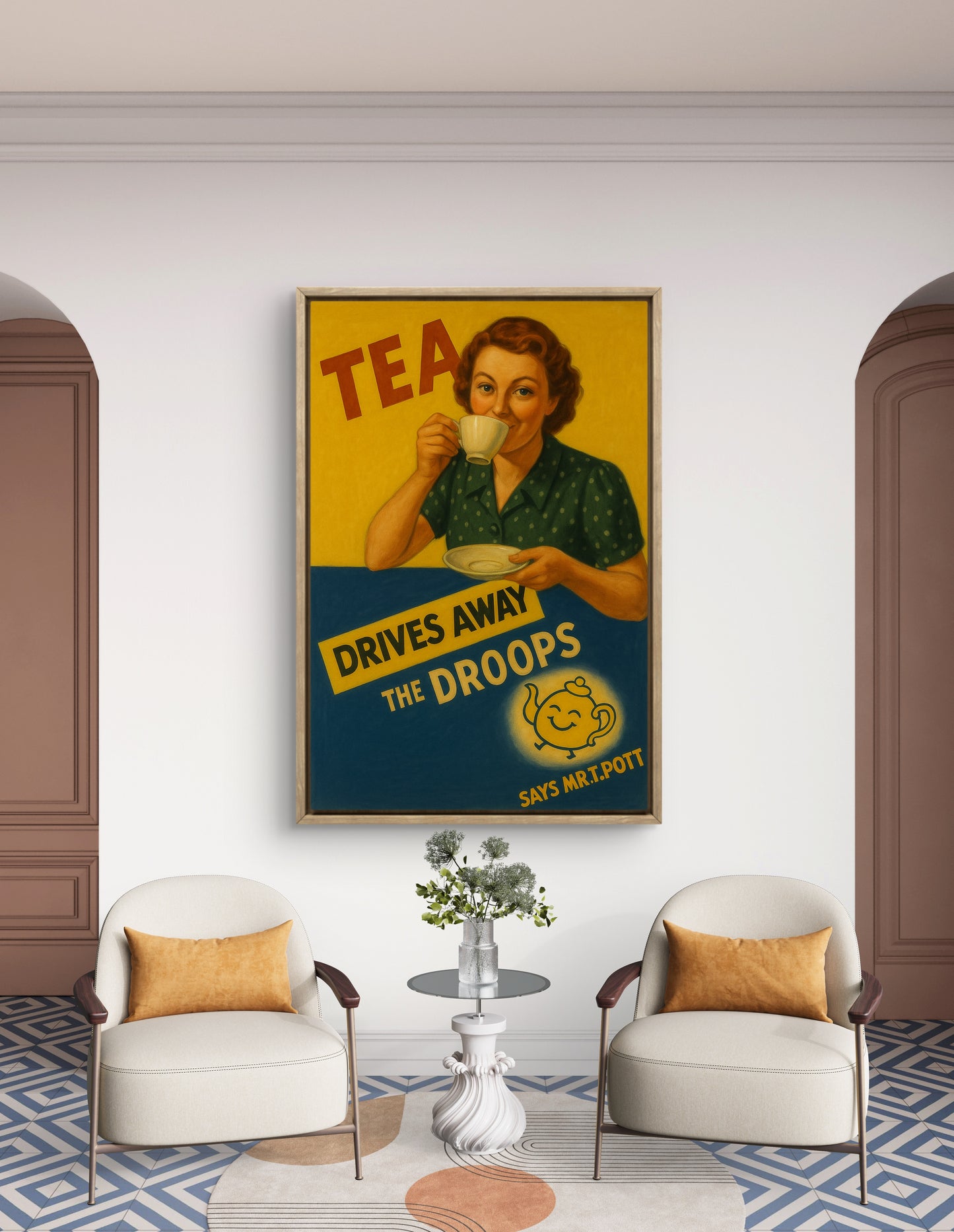 Tea drives away the droops, in the pre-war advertising style.