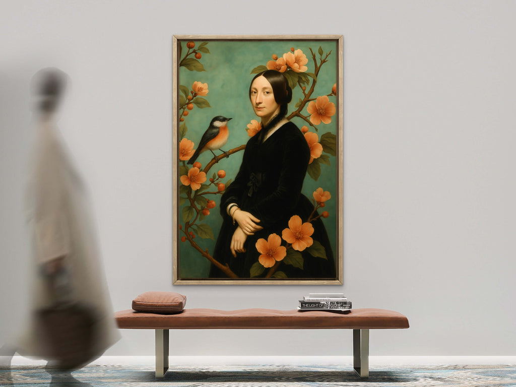 Chinoiserie Portrait Lady with Bird and Blossom - Oriental Style Art