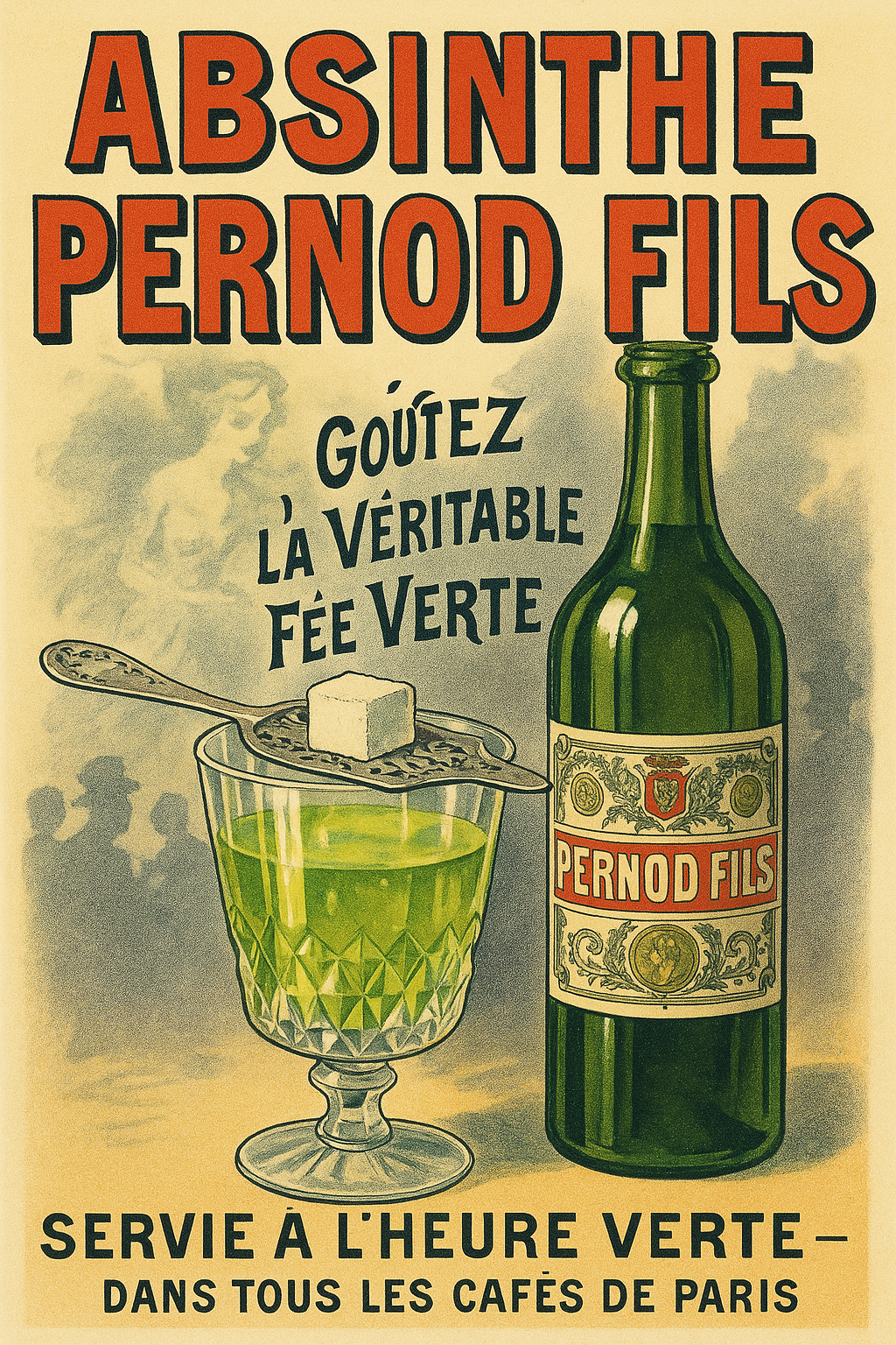 Vintage Absinthe Pernod Fils advertisement with bottle, glass, and spoon on a beige background
