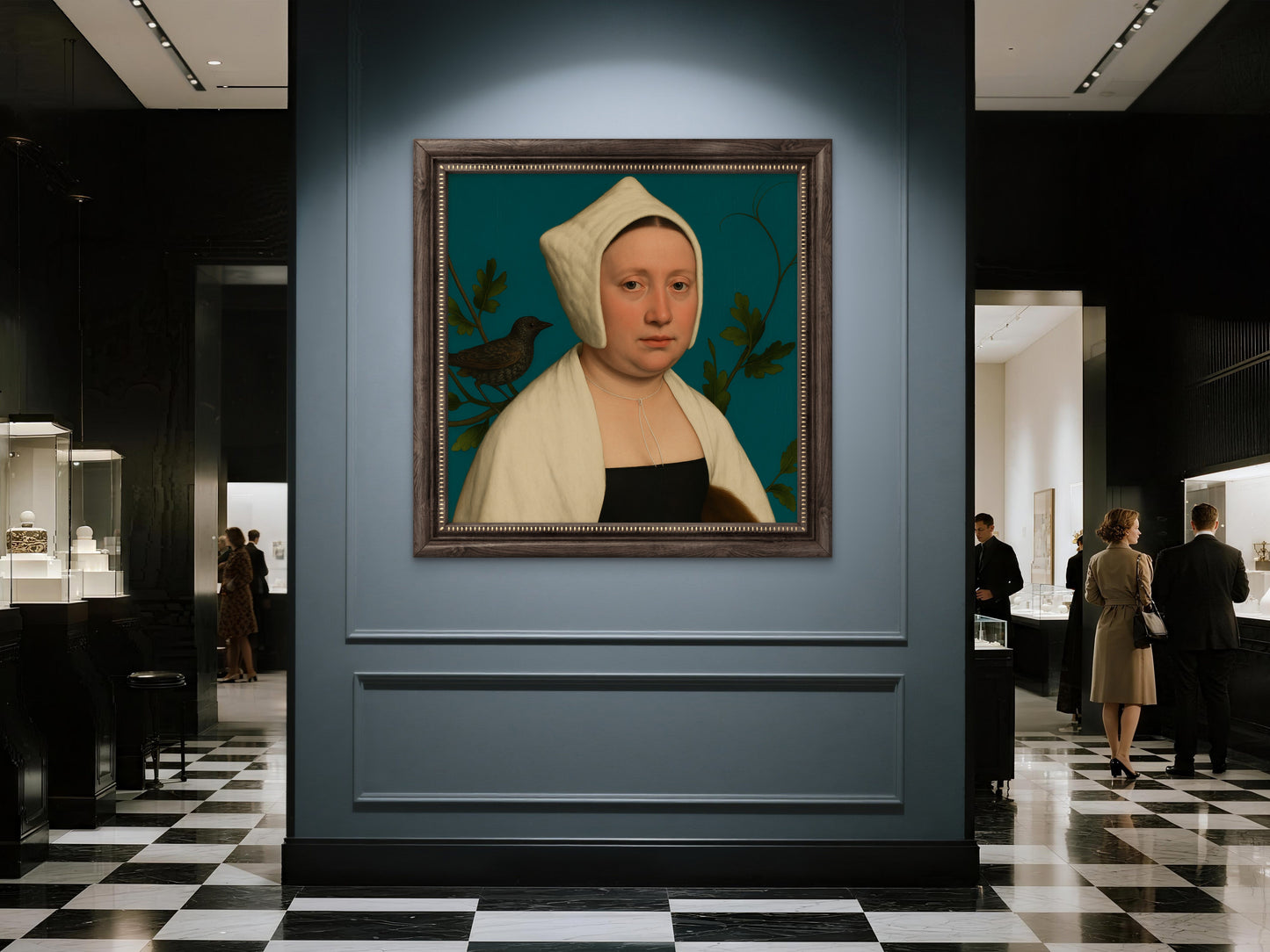 Portrait of a lady with a starling, in the style of Hans Holbein 2025