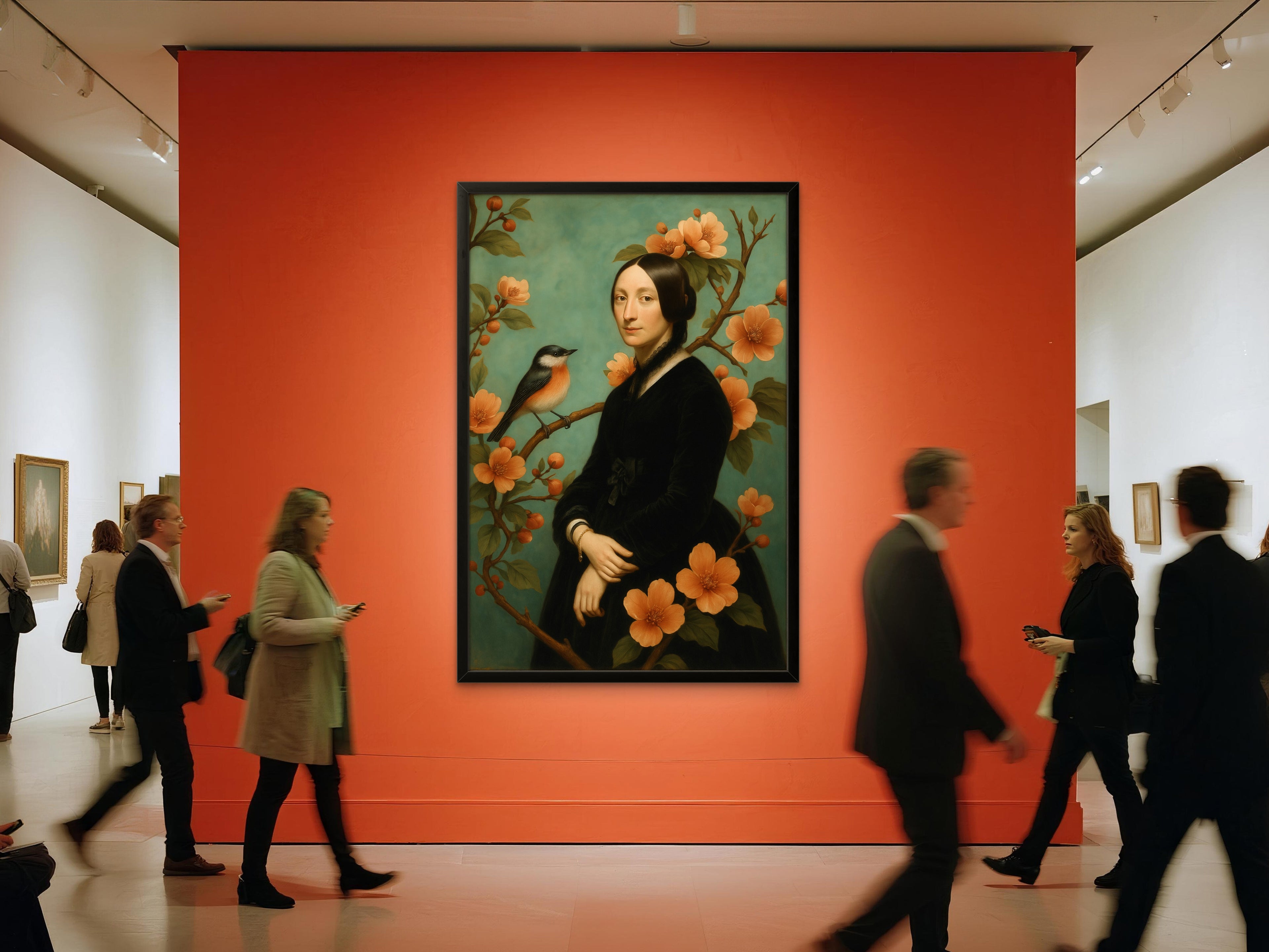 Chinoiserie Portrait Lady with Bird and Blossom - Oriental Style Art