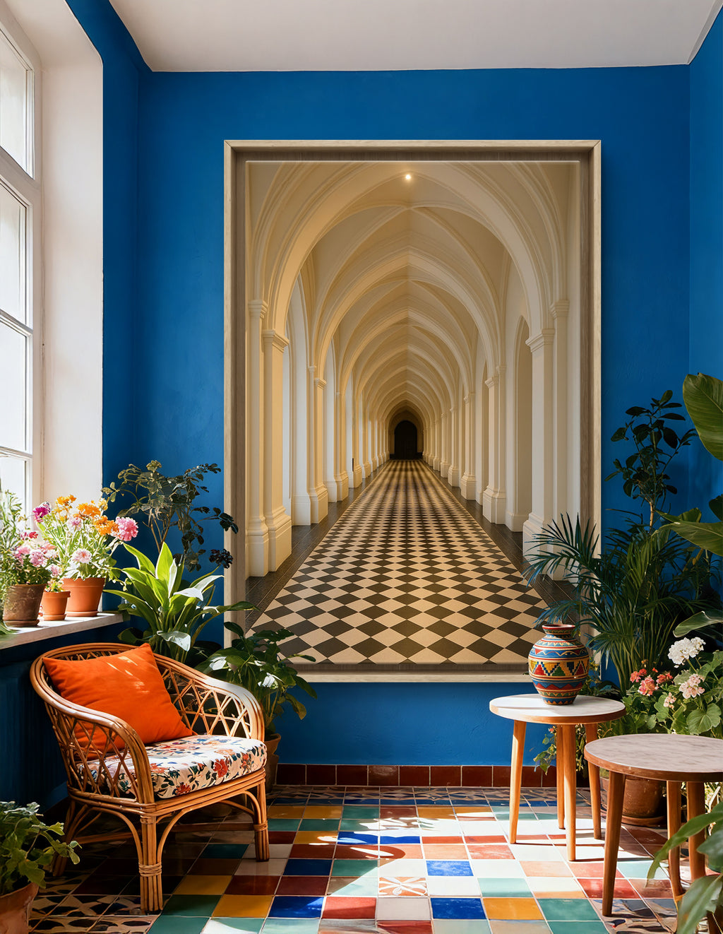 Gothic Hallway — Vaulted White, Black & White Chequerboard Floor