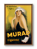 A framed vintage-style Murad cigarette advertisement poster featuring a woman in a white hat and black dress against a yellow background, with the text 'Be nonchalant.