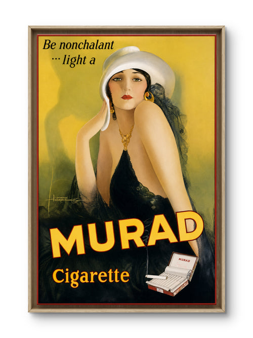 A framed vintage-style Murad cigarette advertisement poster featuring a woman in a white hat and black dress against a yellow background, with the text 'Be nonchalant.