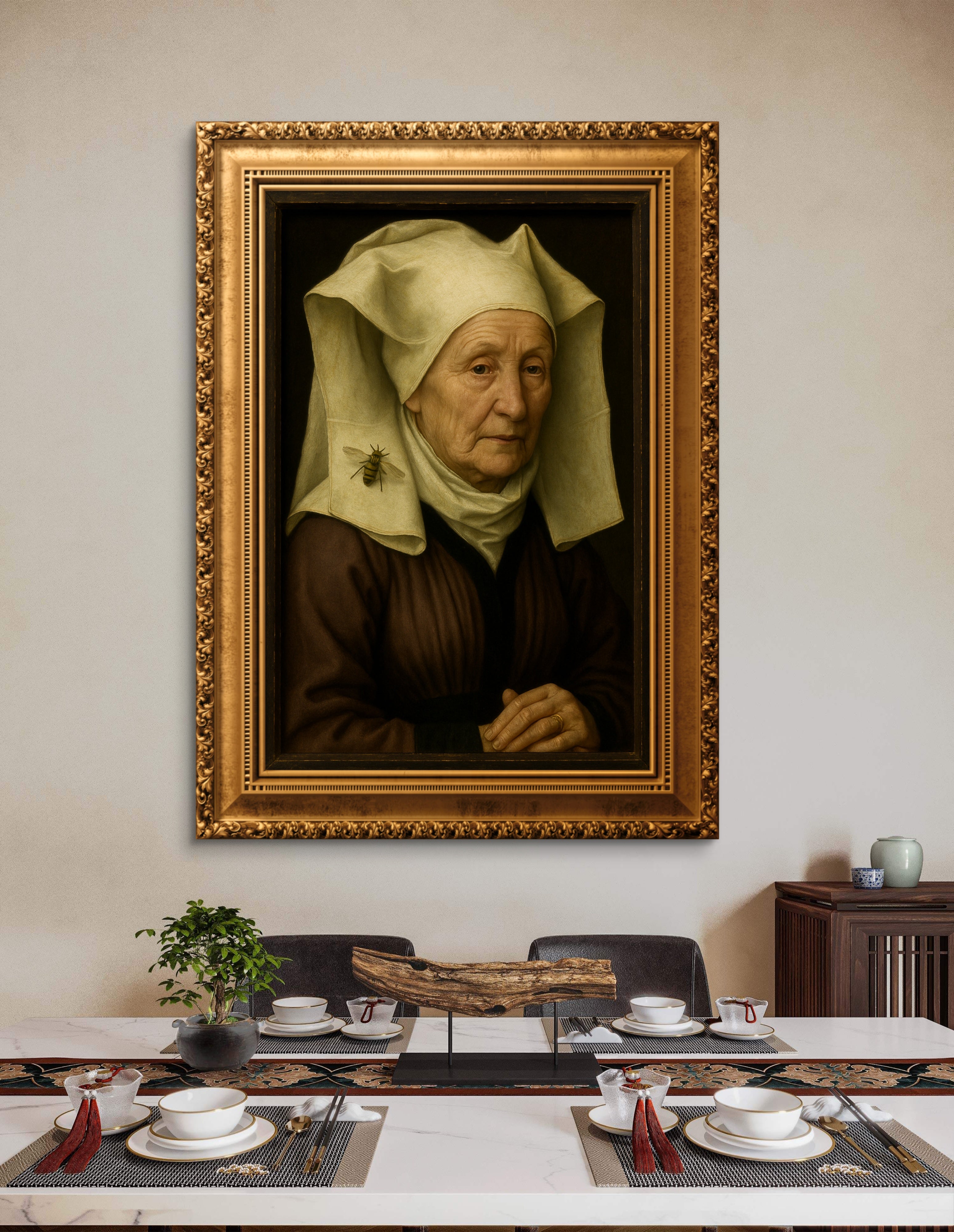 Hans Memling School Portrait - Elderly Woman with Bee 15th Century