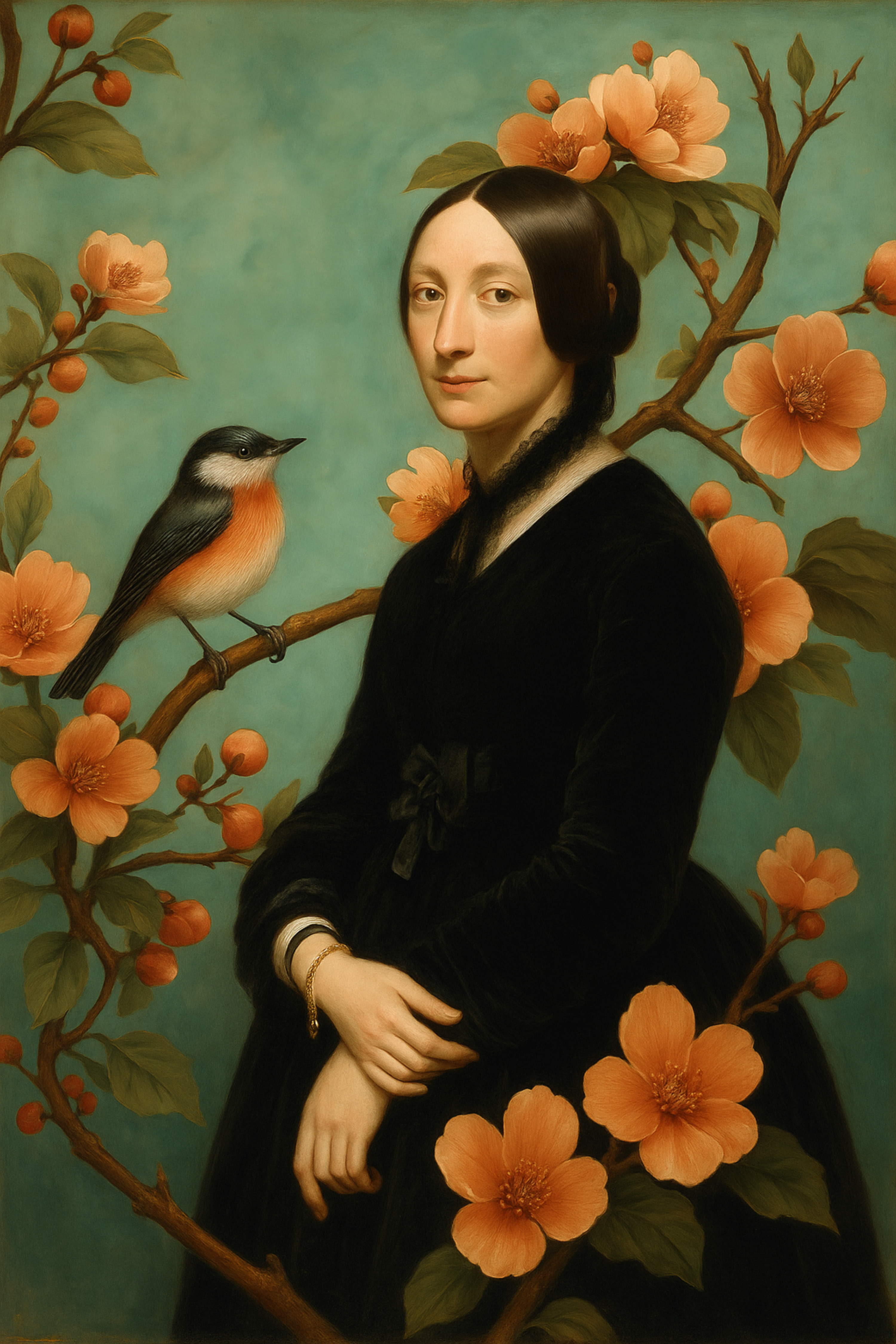Chinoiserie Portrait Lady with Bird and Blossom - Oriental Style Art