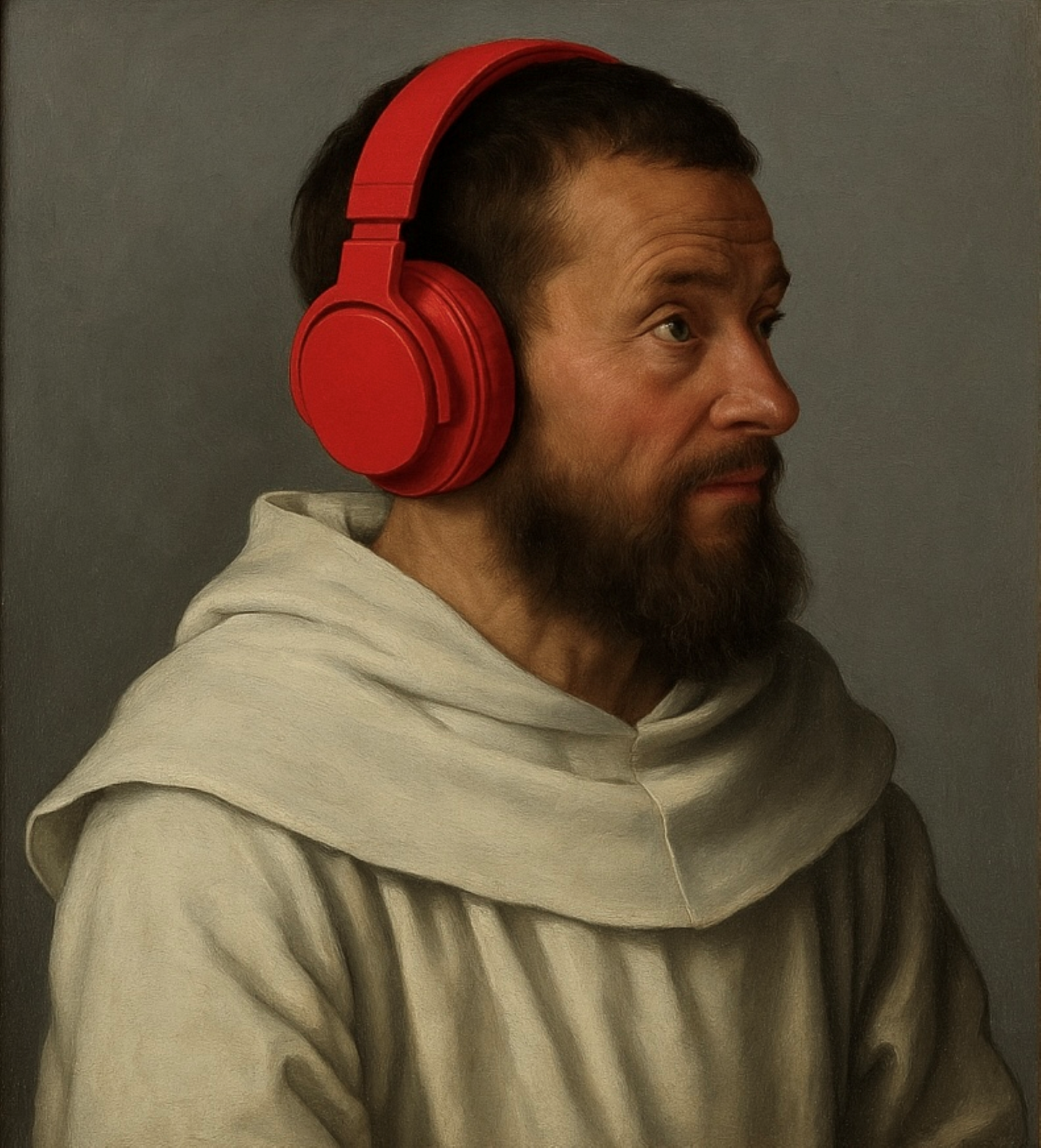 Monk listening to chant with noise cancelling on, after Gothic school.