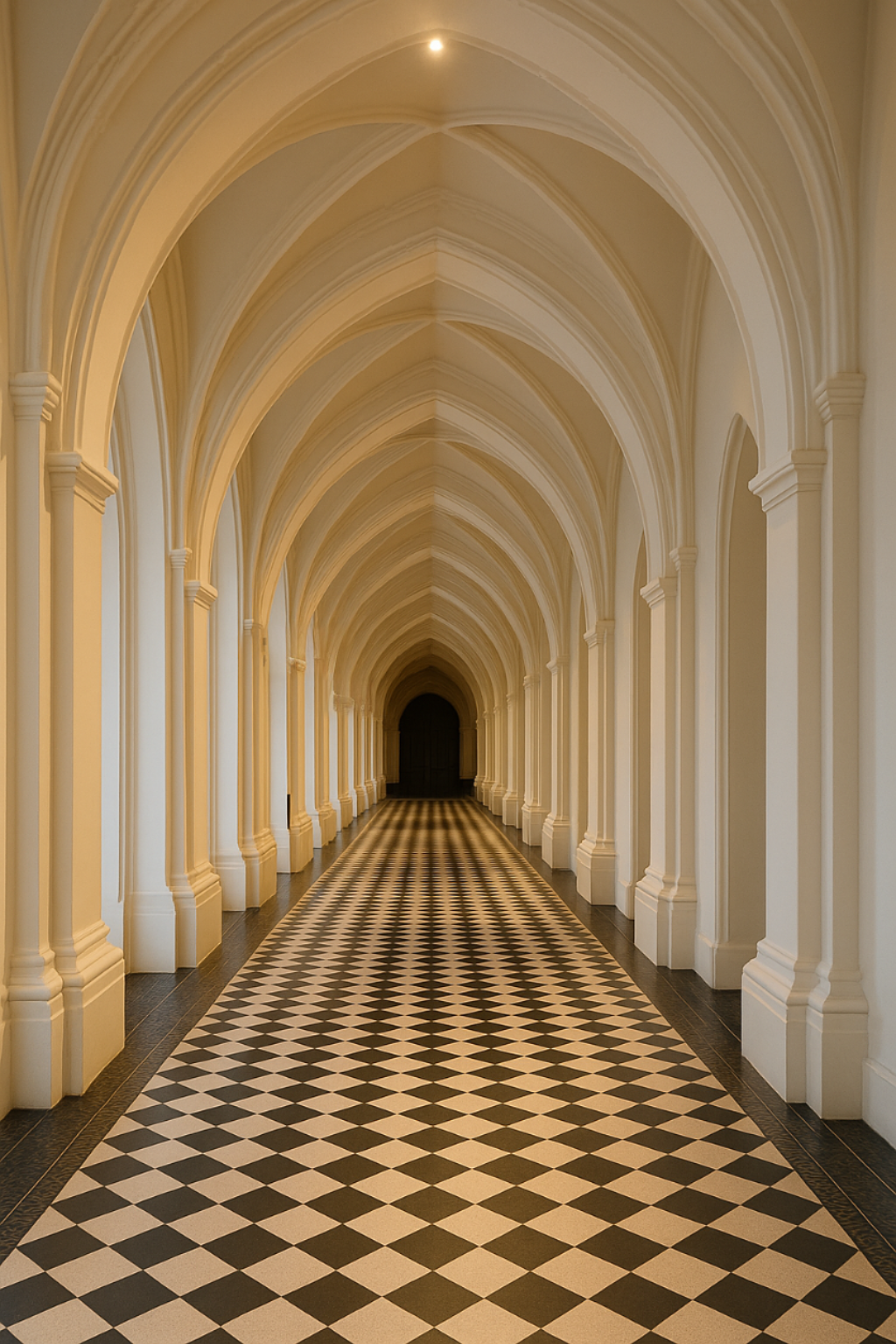 Gothic Hallway — Vaulted White, Black & White Chequerboard Floor
