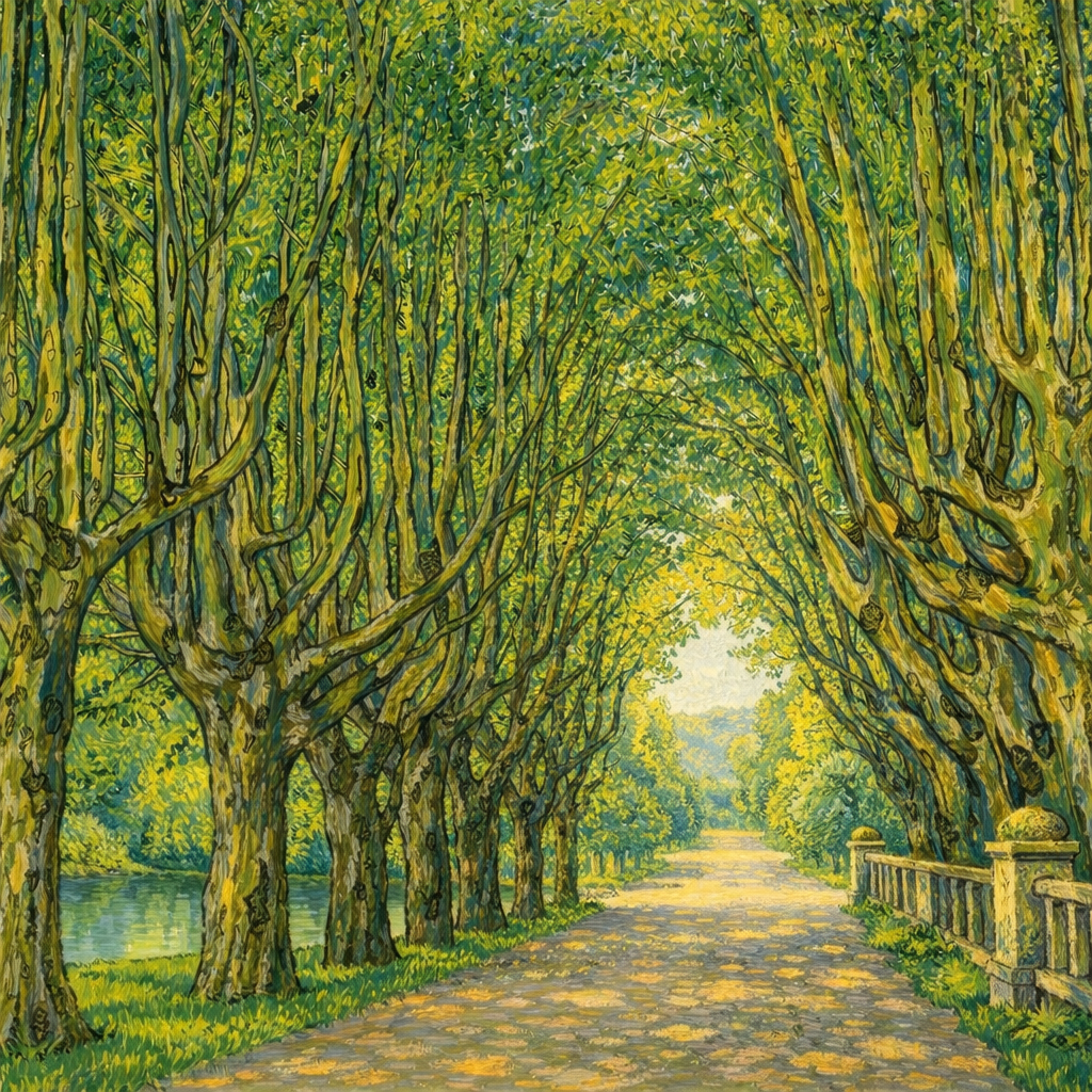 A painted scene of a sunlit tree-lined path arching over a river, with dense green and yellow foliage and light filtering through the canopy.