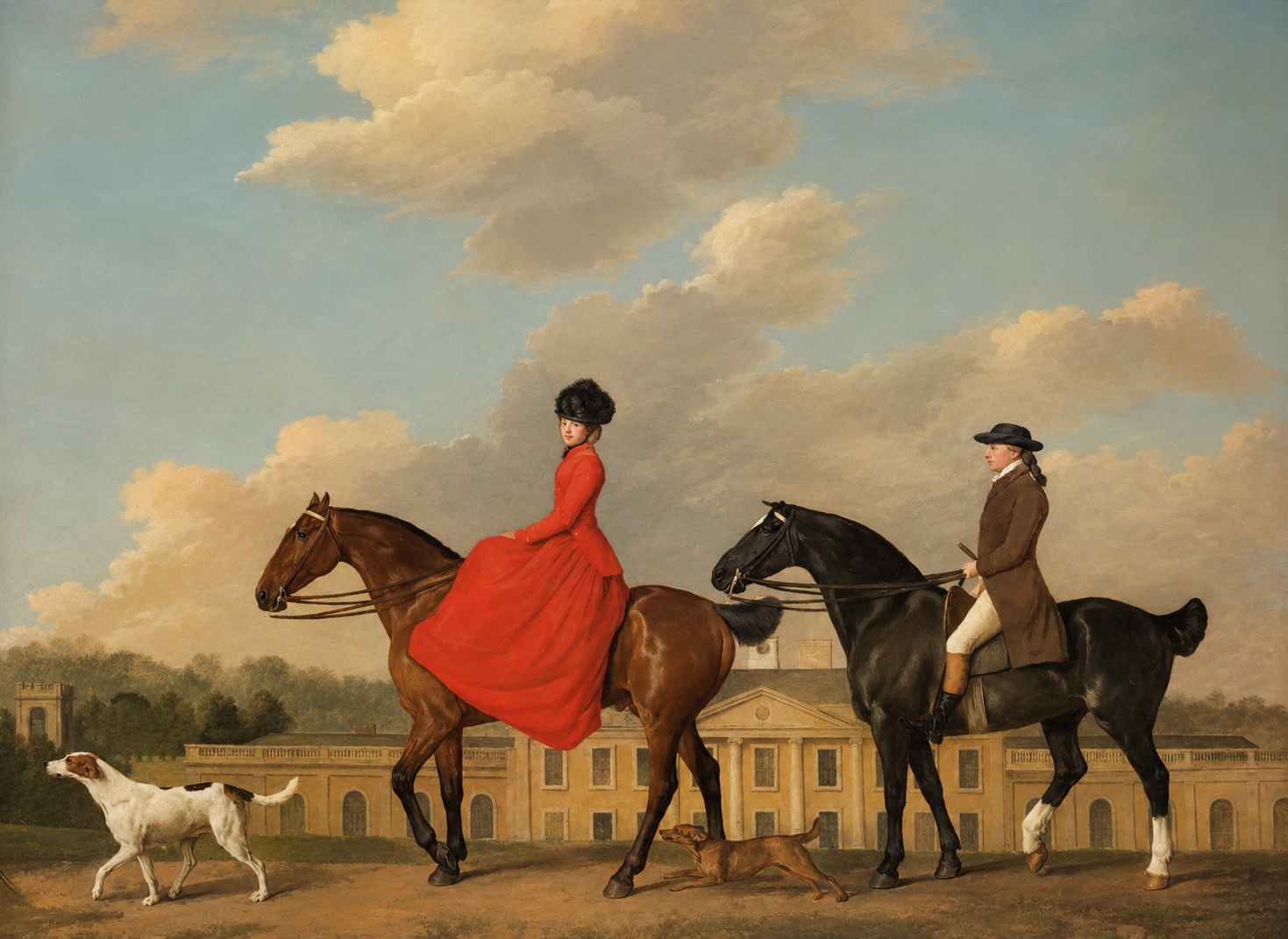 Two people on horseback with a dog in a pastoral setting