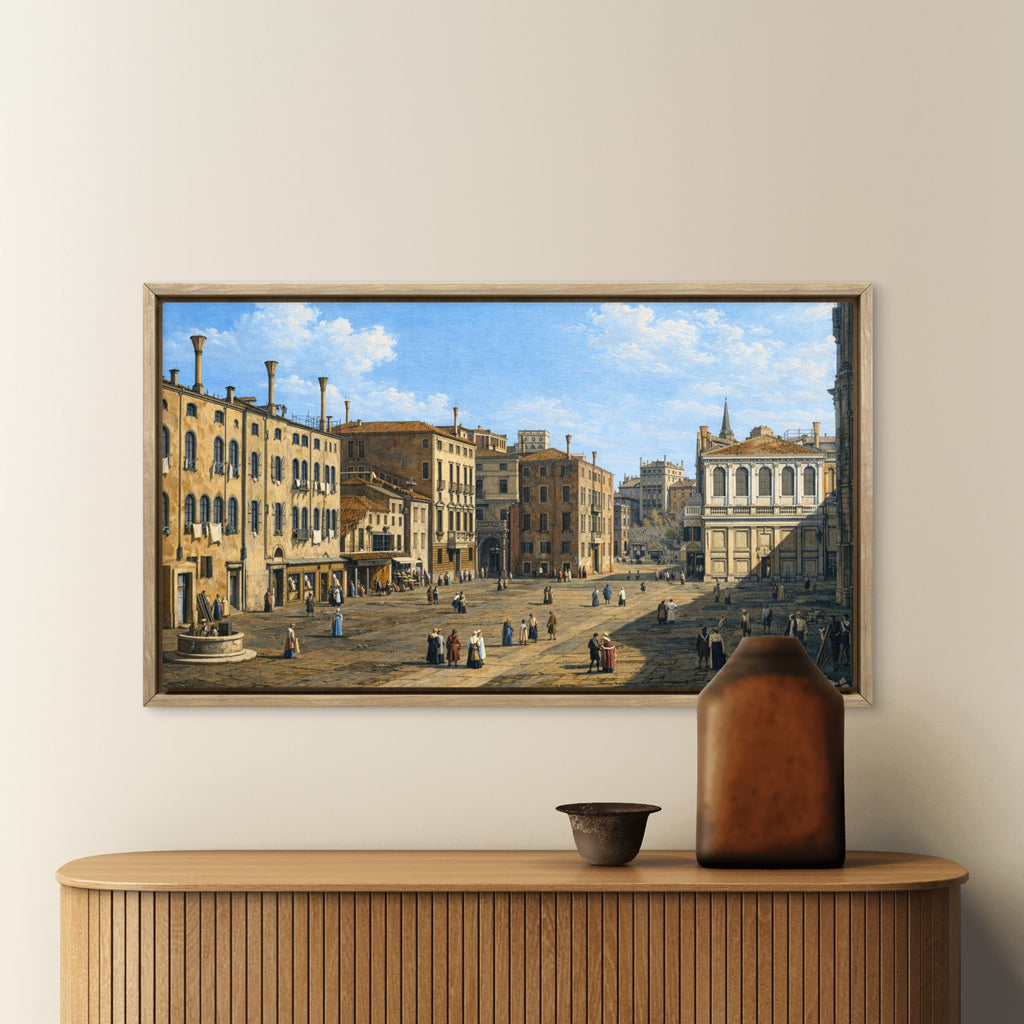 "Campo San Giacomo di Rialto, Venice, by Canaletto," remastered in the Elliott Best Studio.