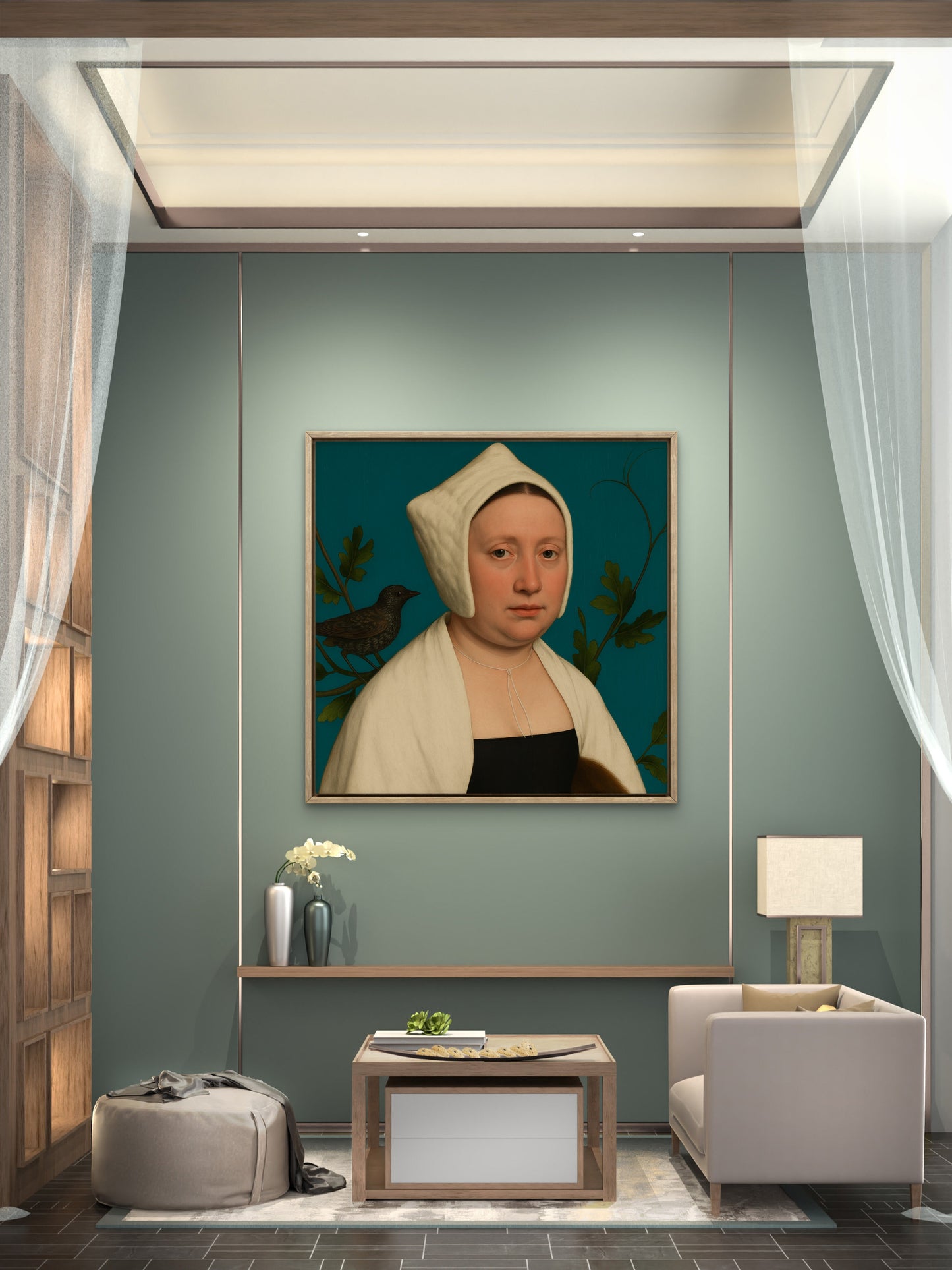 Portrait of a lady with a starling, in the style of Hans Holbein 2025
