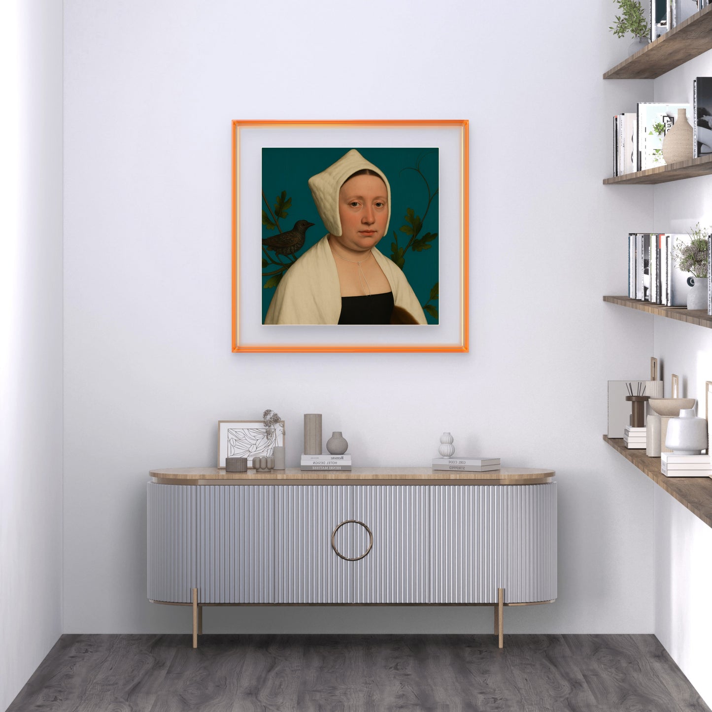 Portrait of a lady with a starling, in the style of Hans Holbein 2025