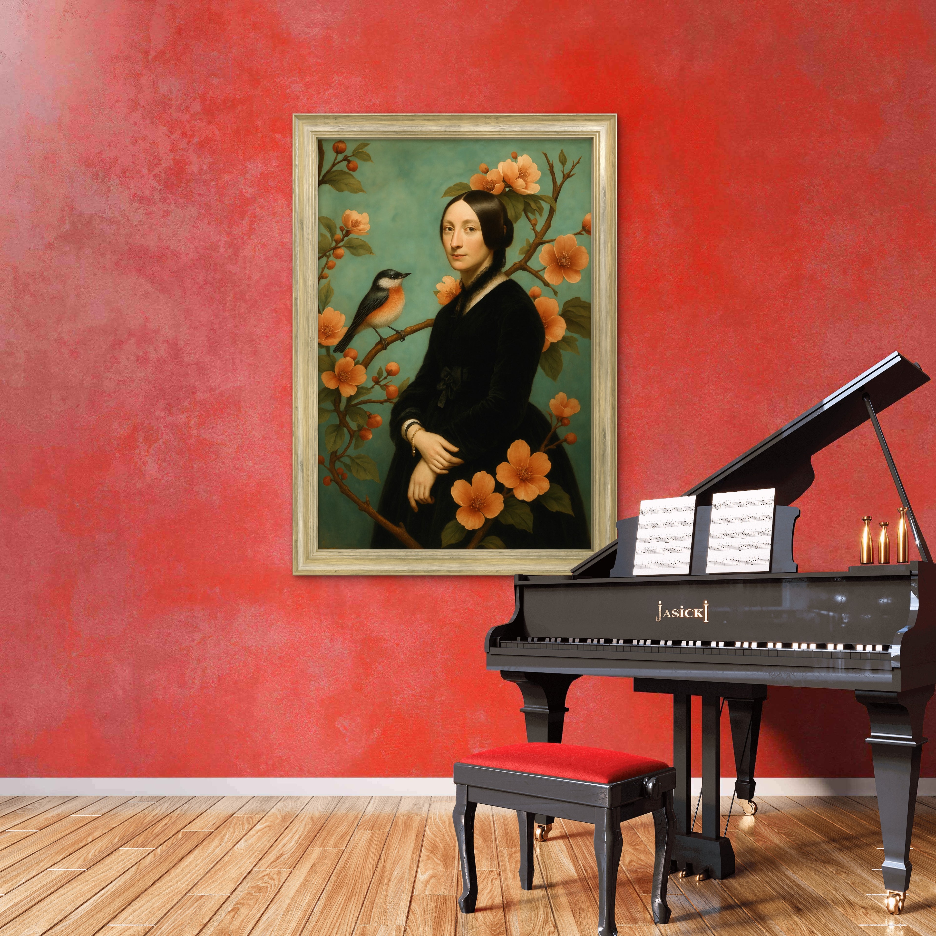 Chinoiserie Portrait Lady with Bird and Blossom - Oriental Style Art