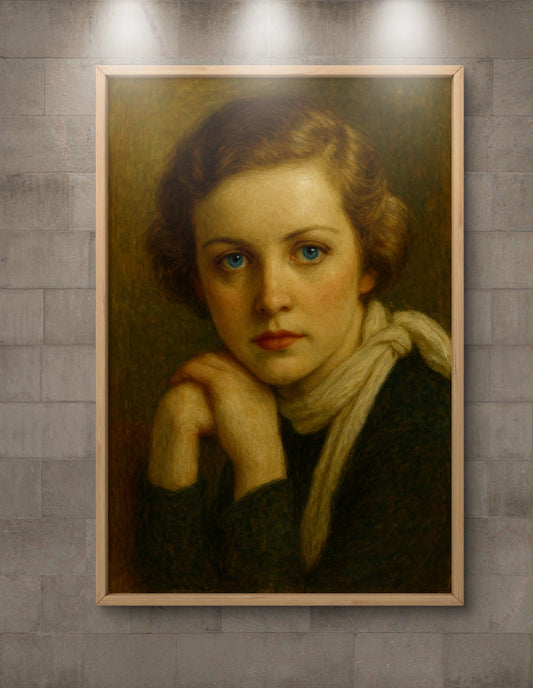 Portrait of a woman with a scarf, framed on a textured wall.