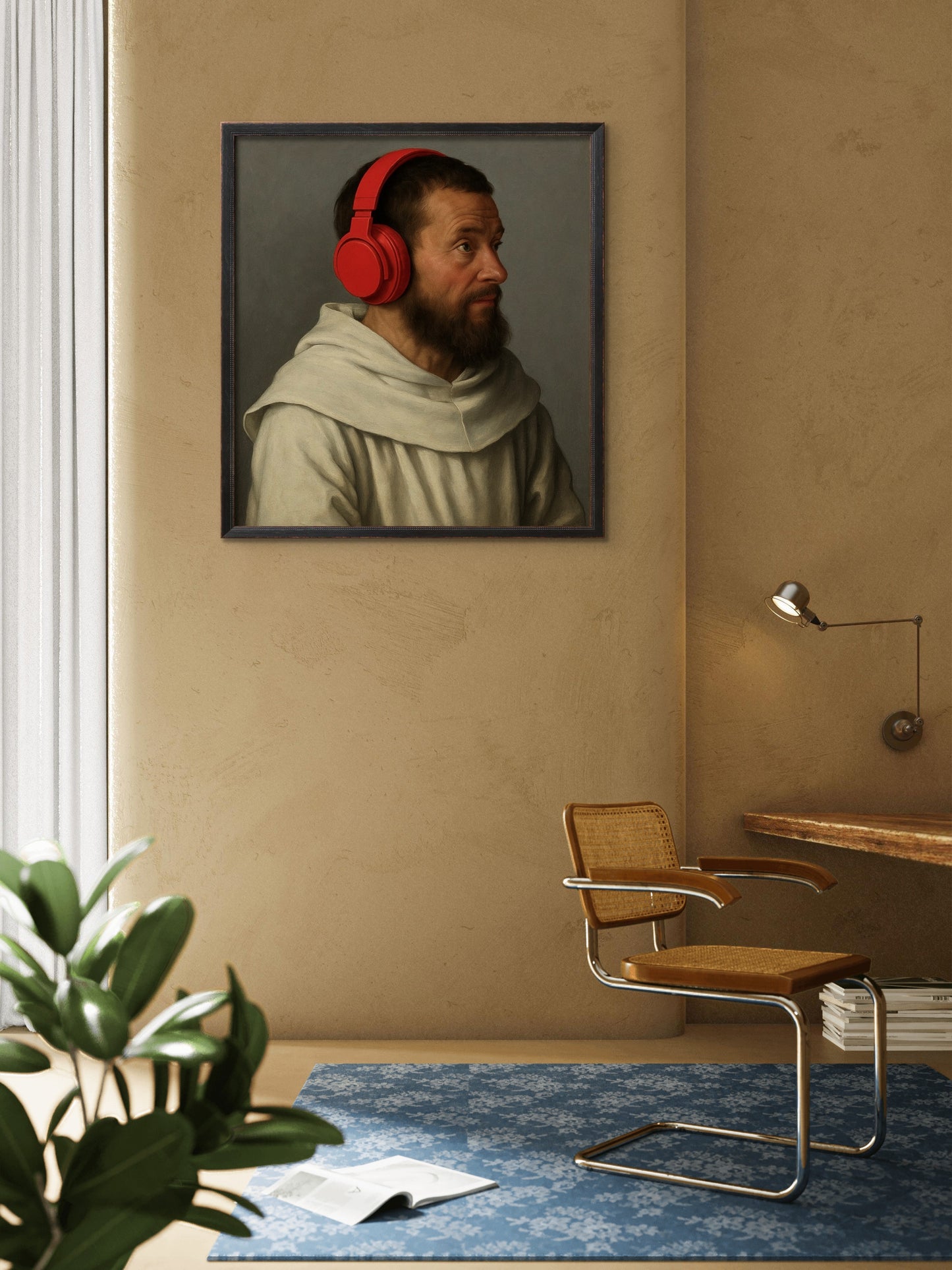 Monk listening to chant with noise cancelling on, after Gothic school.