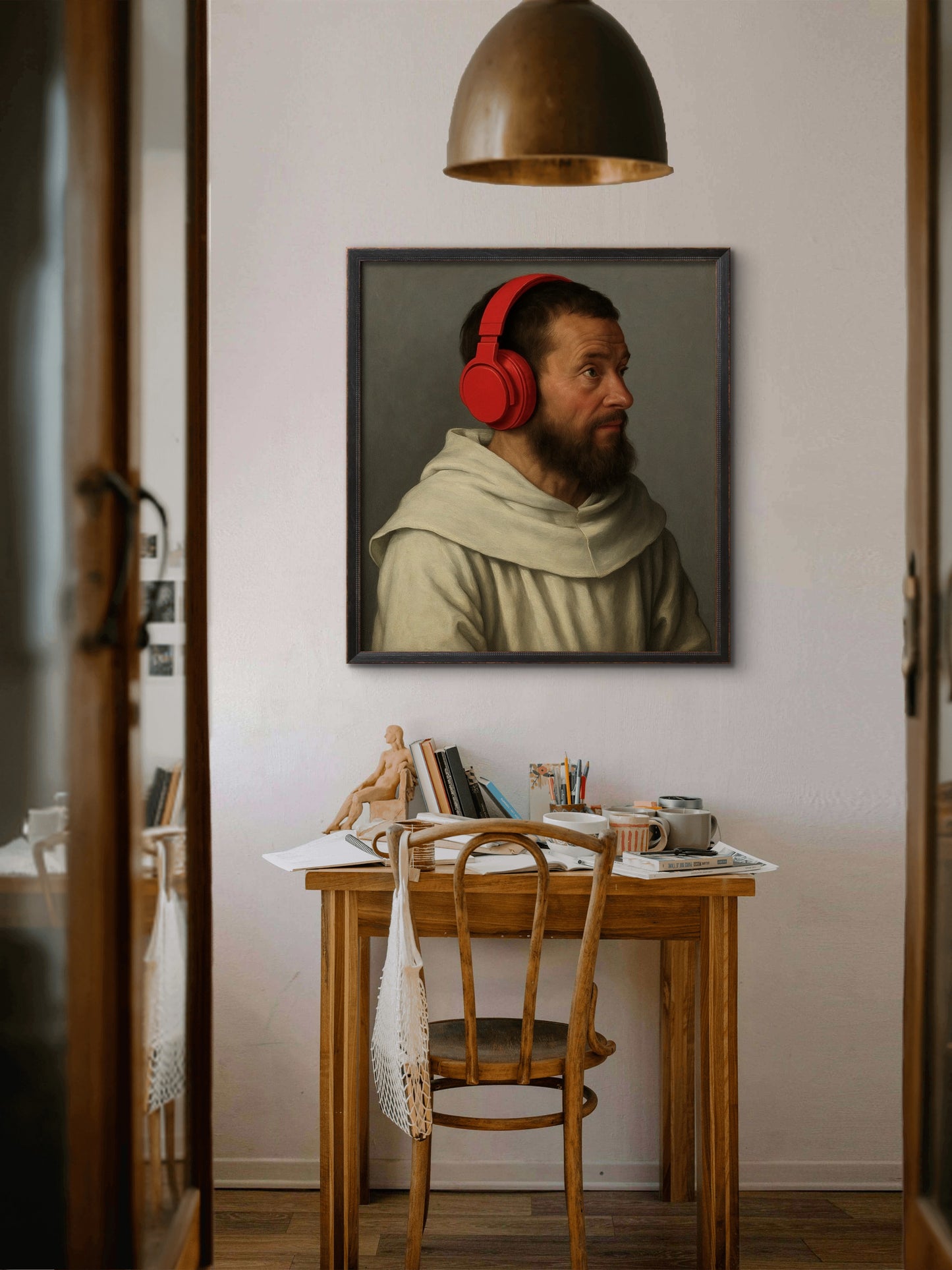 Monk listening to chant with noise cancelling on, after Gothic school.