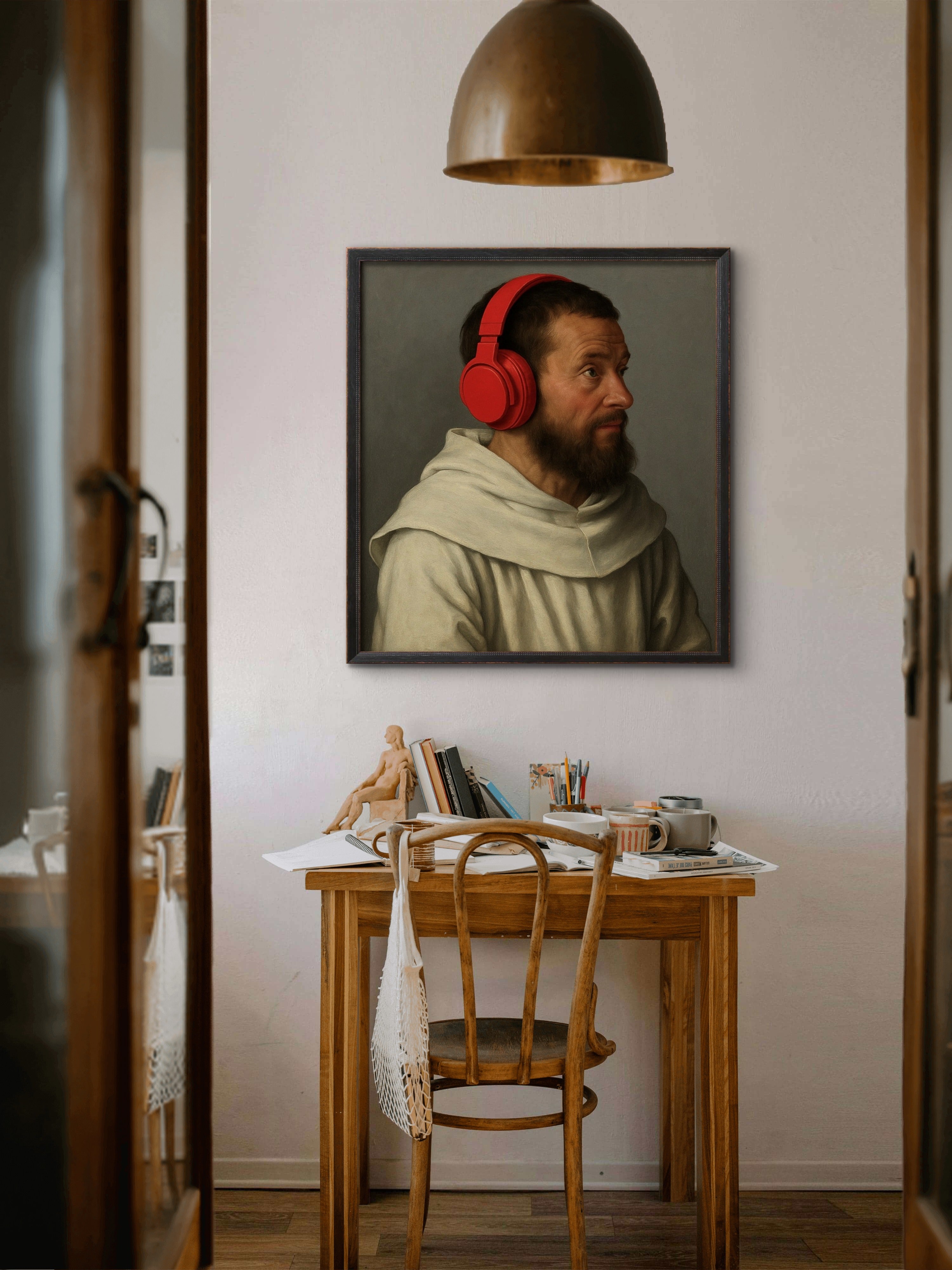 Monk with Noise Cancelling Headphones - Gothic Style Humor Art