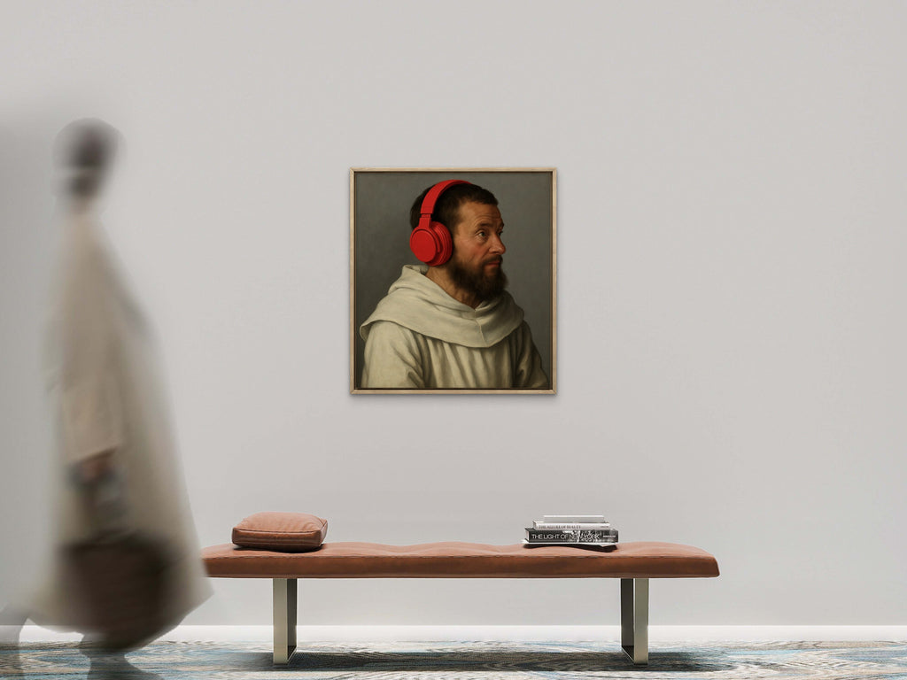 Monk with Noise Cancelling Headphones - Gothic Style Humor Art