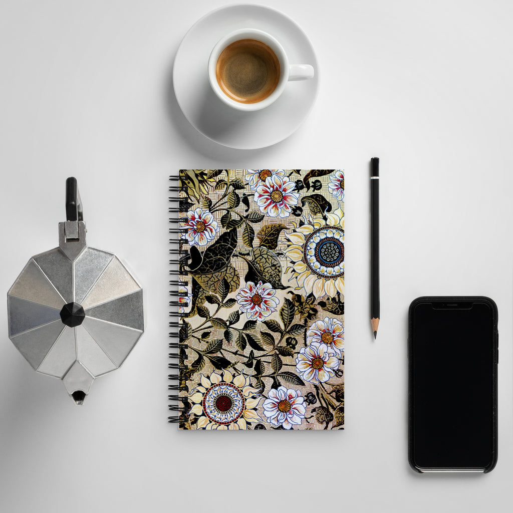 Spiral notebook featuring "Sunflower" Aesthetic Movement design, by Bruce James Talbert, 1878.