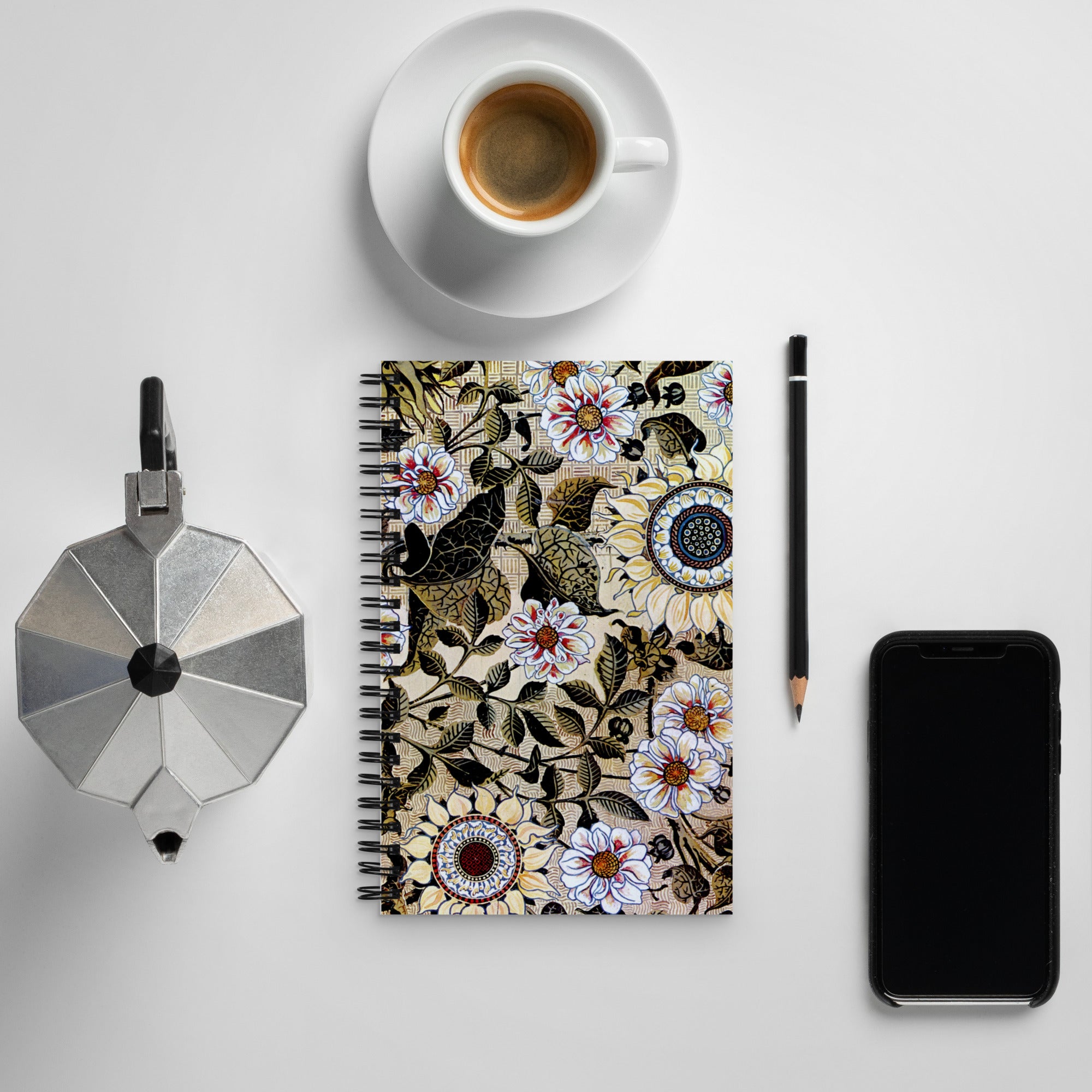 Spiral notebook featuring "Sunflower" Aesthetic Movement design, by Bruce James Talbert, 1878.