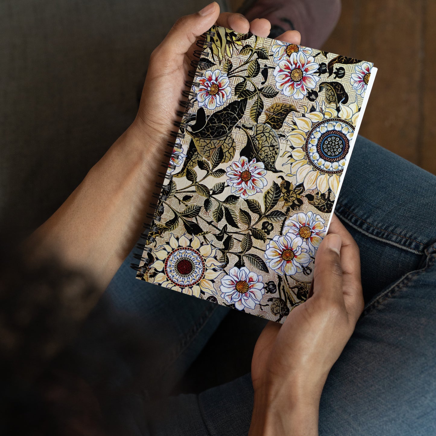 Spiral notebook featuring "Sunflower" Aesthetic Movement design, by Bruce James Talbert, 1878.