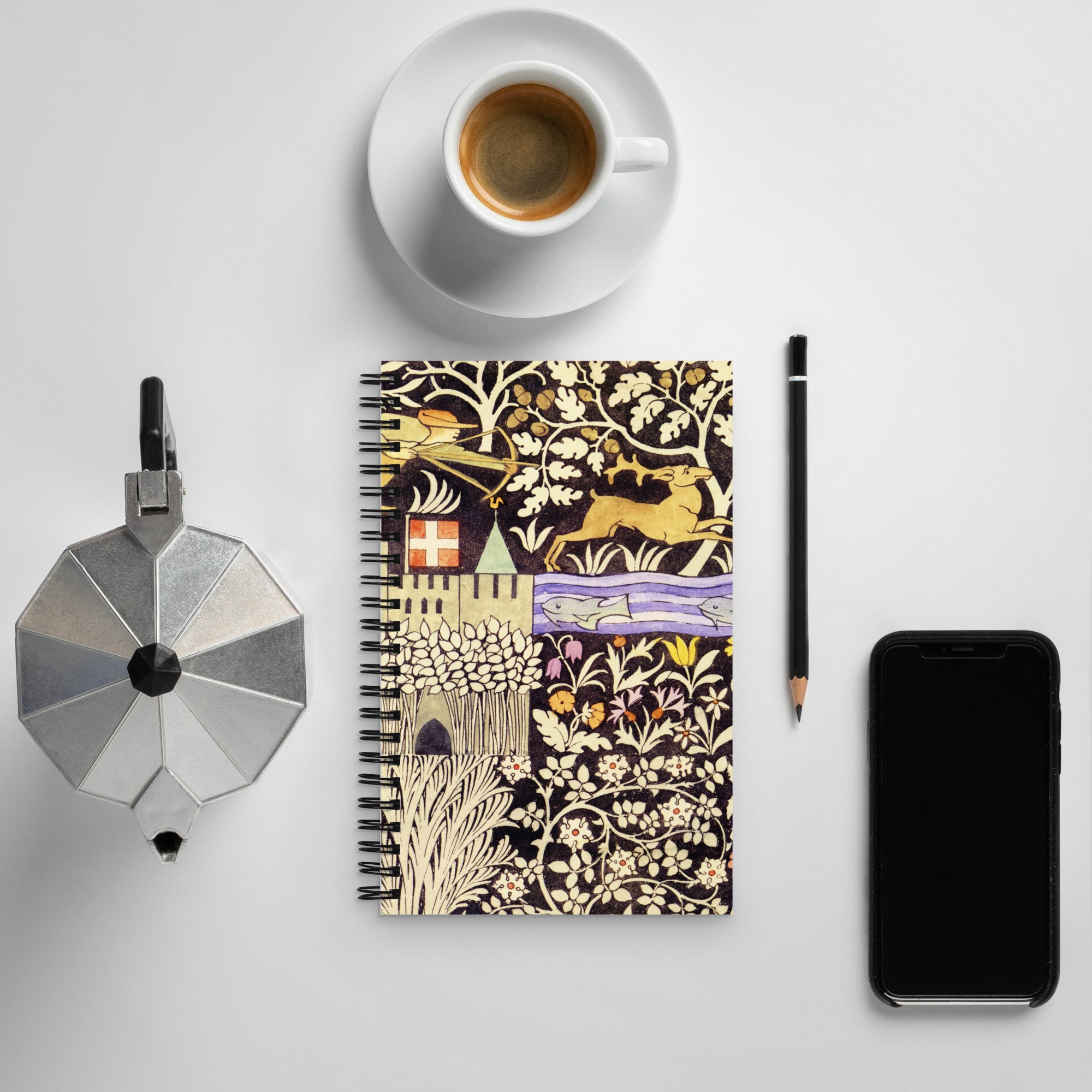 Spiral notebook featuring The Huntsman design by C.F.A. Voysey, 1919.