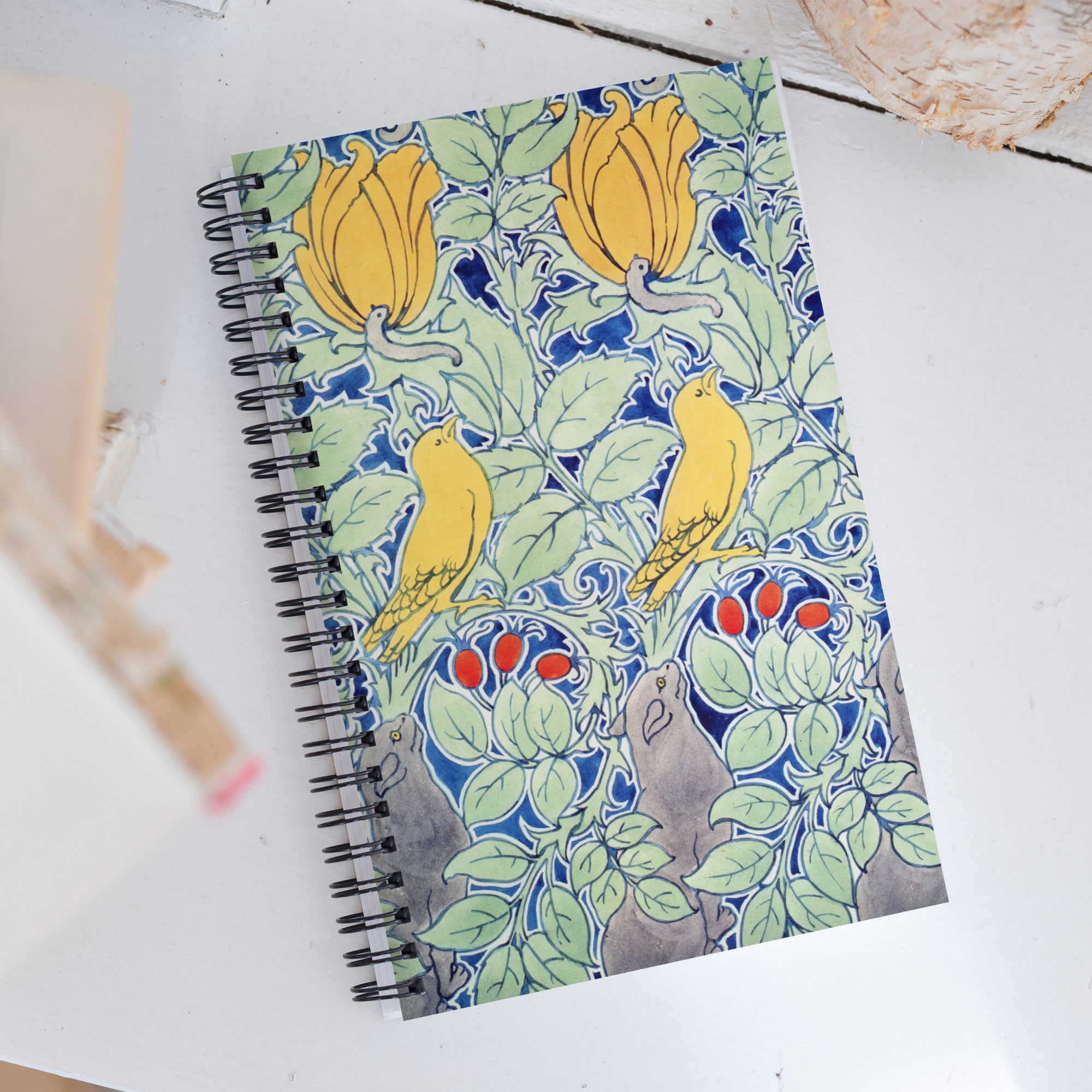 Spiral notebook featuring "Let Us Prey," art nouveau design by C.F.A. Voysey, 1909